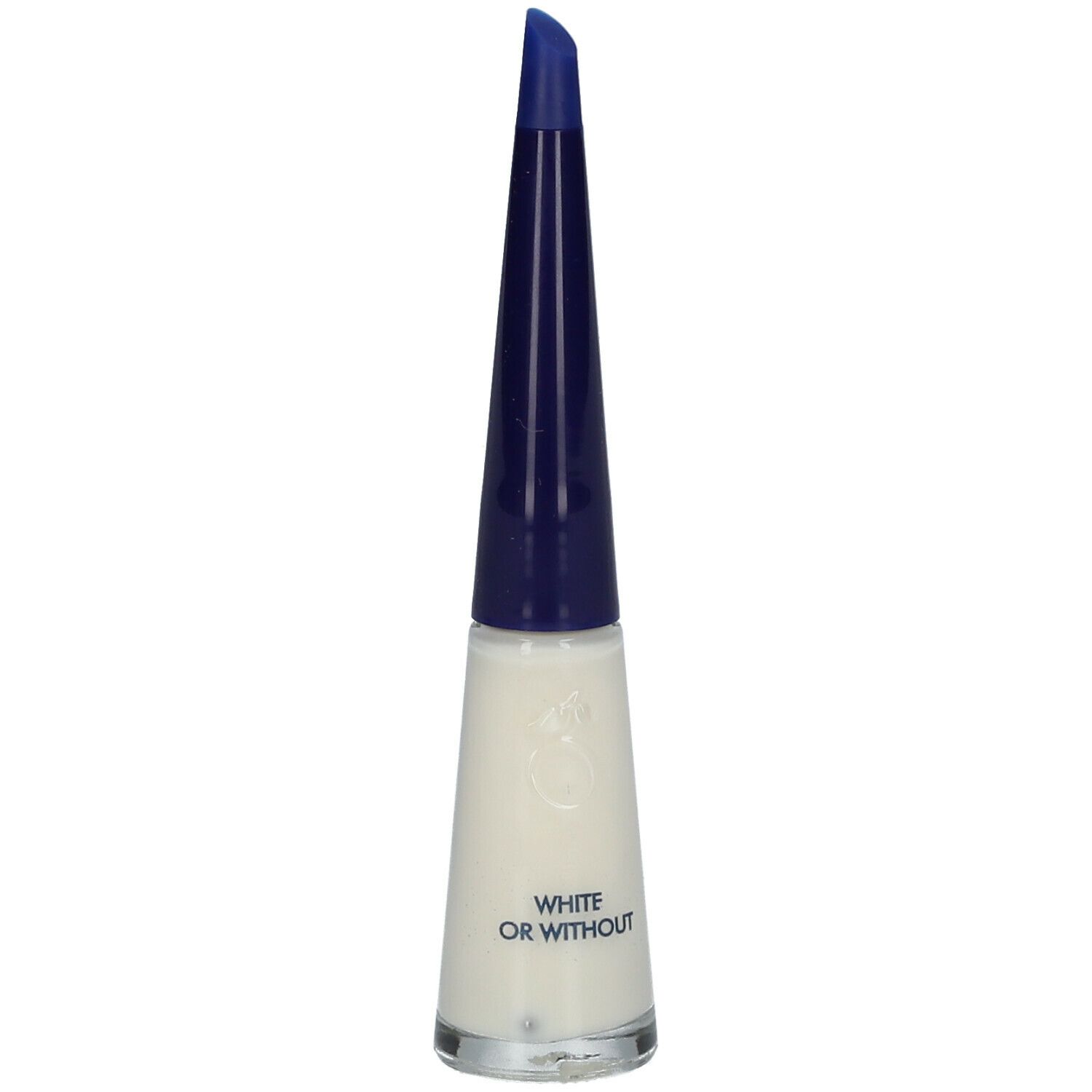 Flacon de vernis à ongles blanc et bouchon bleu. Inscription : White or Without.