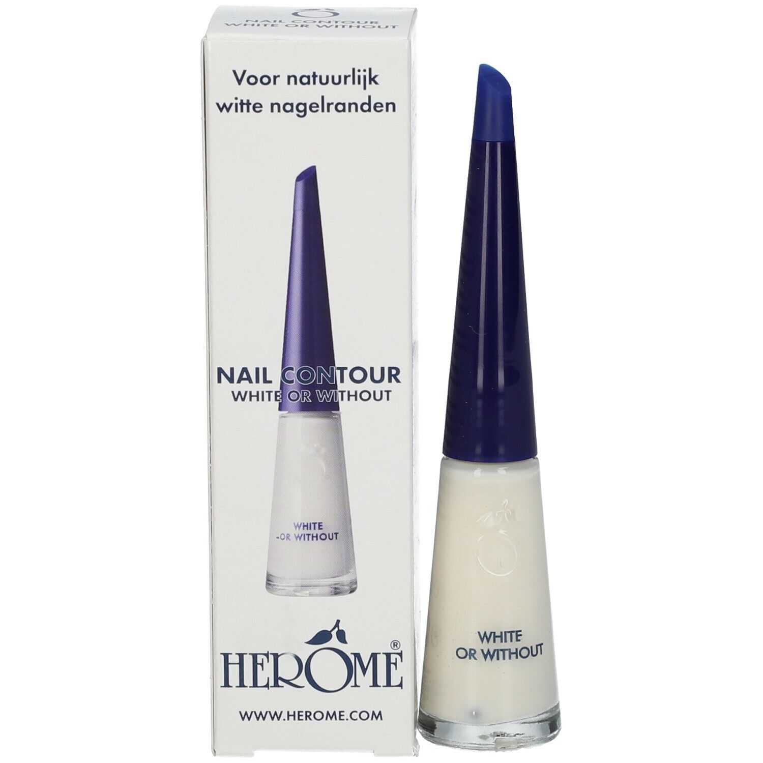 Flacon de vernis à ongles HERÔME et emballage. Inscription : Nail Contour White or Without.