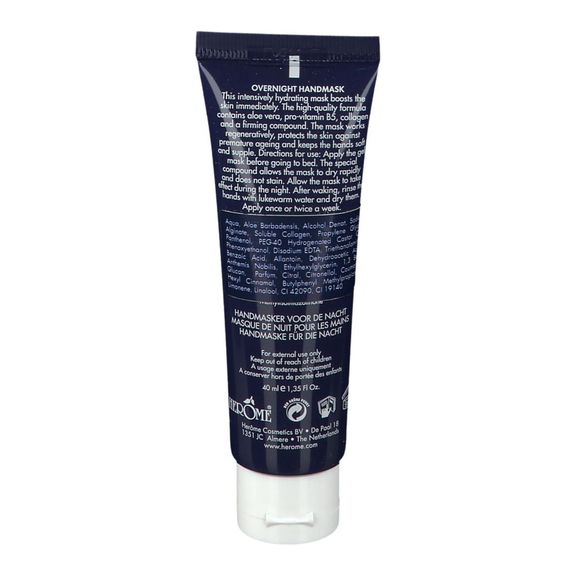 Dos du tube. Texte multilingue. Ingrédients et instructions d'utilisation. 40 ml.