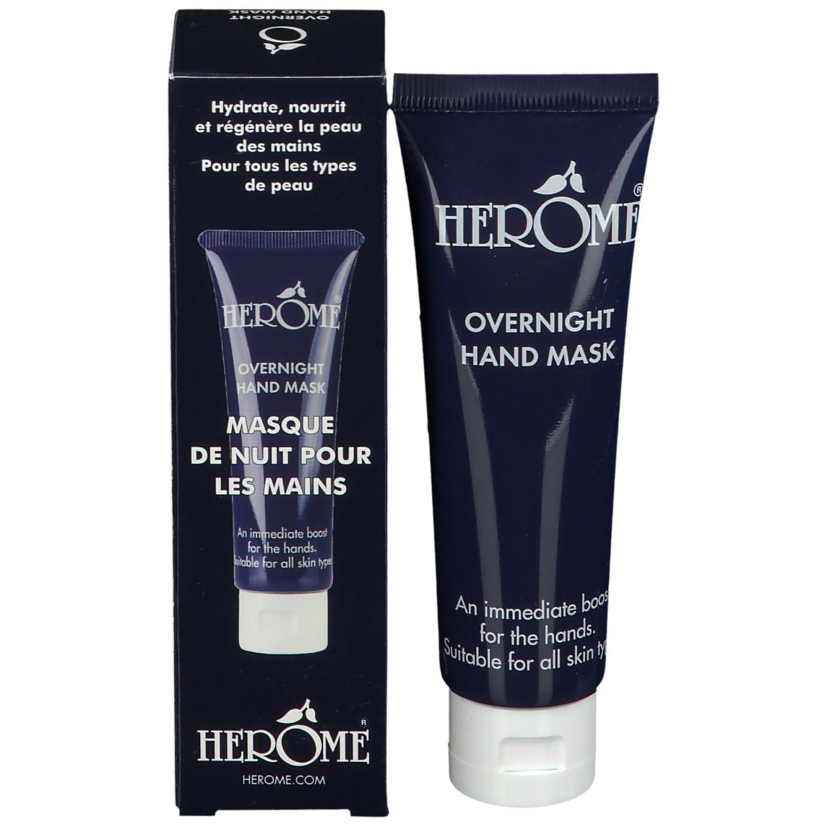 Emballage du produit. Tube et boîte. Inscription: HERÔME, OVERNIGHT HAND MASK. Pour tous les types de peau.