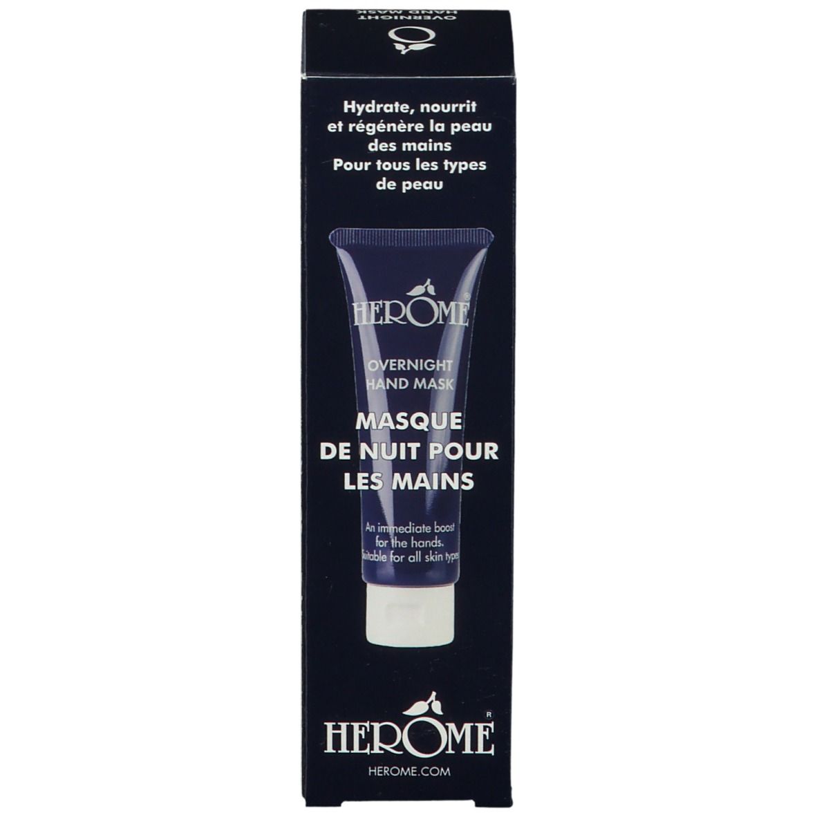Boîte avec tube. Inscription: HERÔME, OVERNIGHT HAND MASK. Pour tous les types de peau. Logo HERÔME.