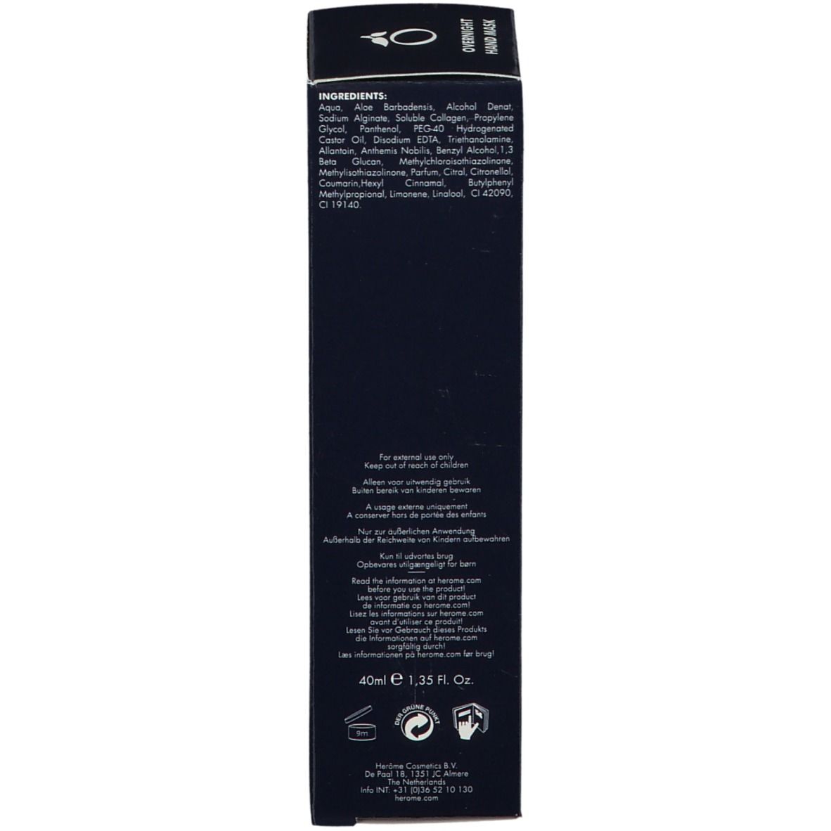 Dos de la boîte. Ingrédients et avertissements. 40 ml. Logo HERÔME.
