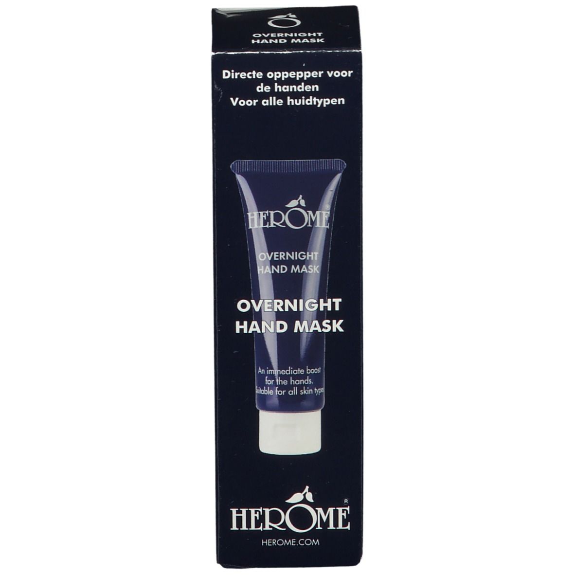 Boîte avec tube. Inscription: HERÔME, OVERNIGHT HAND MASK. Pour tous les types de peau. Logo HERÔME.