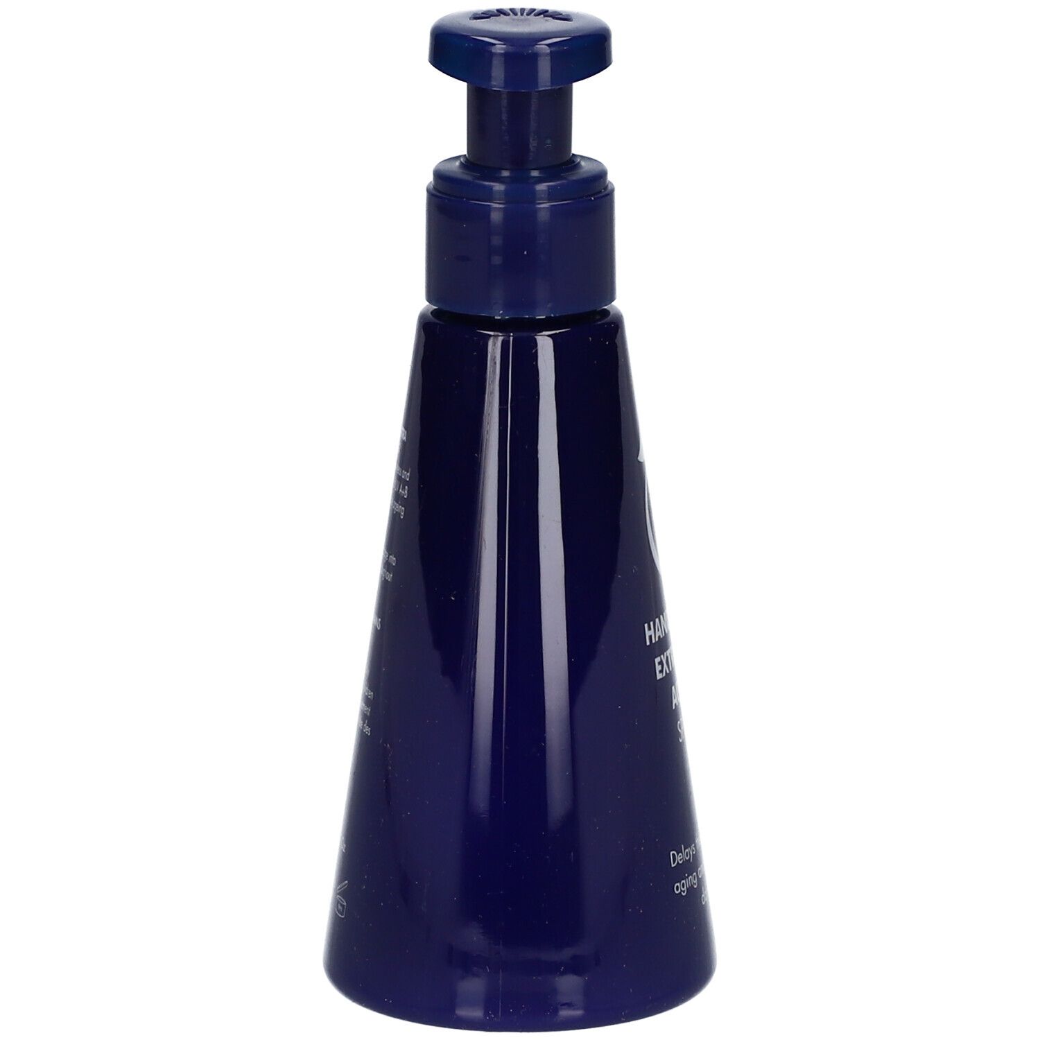 Donkerblauwe handcrèmefles met pomp. Achterkant met tekst. Geen merk zichtbaar.