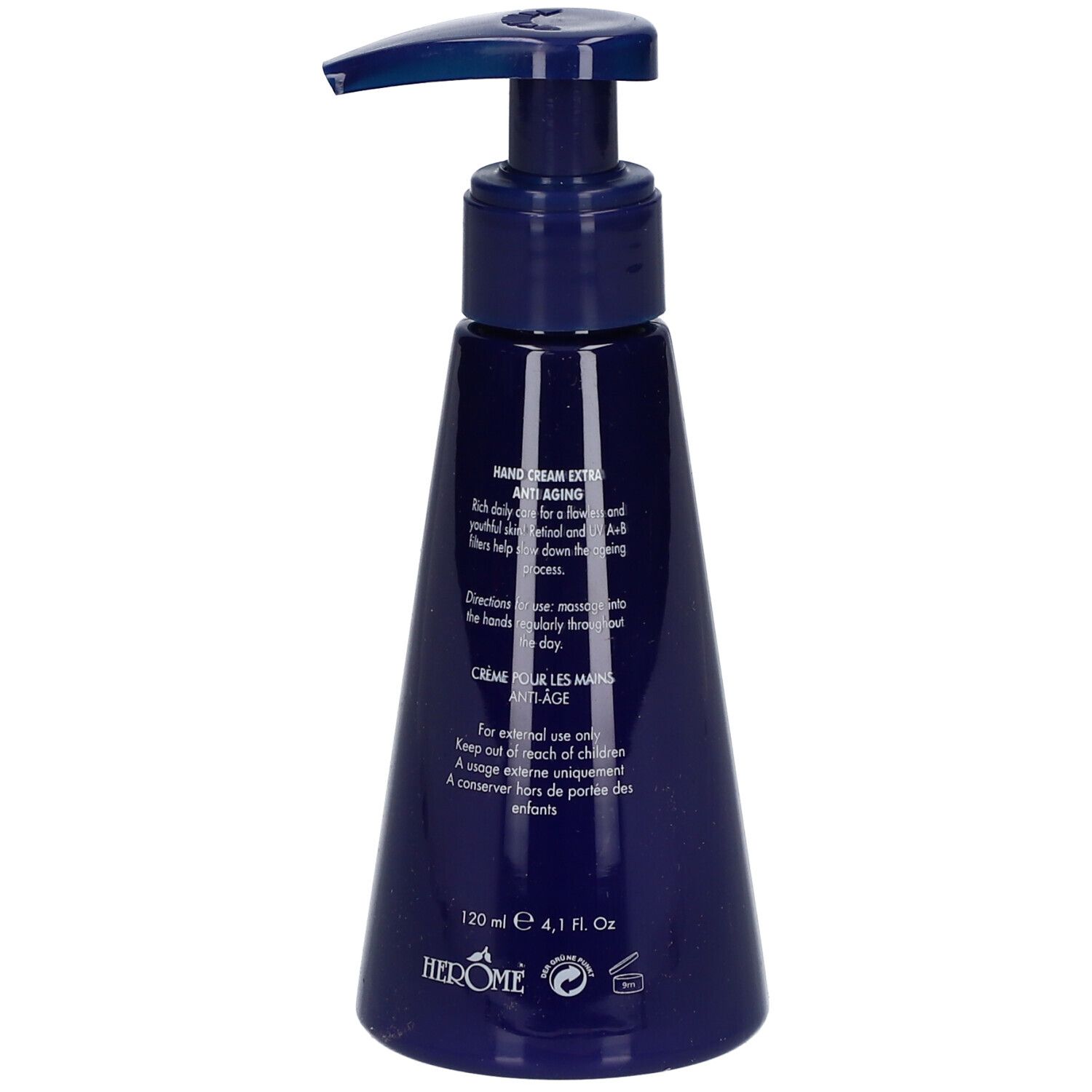Donkerblauwe handcrèmefles met pomp. Achterkant met tekst en HEROME-logo. 120 ml.