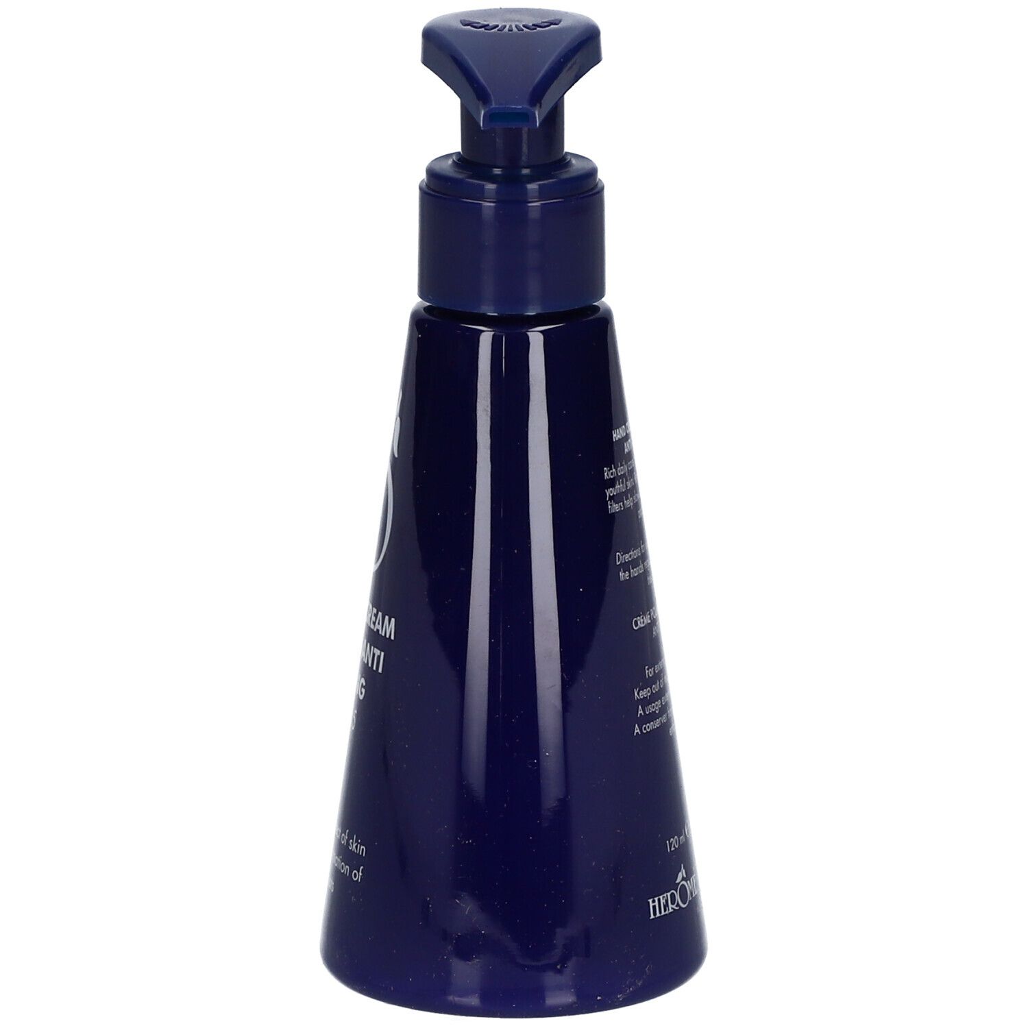 Donkerblauwe handcrèmefles met pomp. Achterkant met tekst. Geen merk zichtbaar.