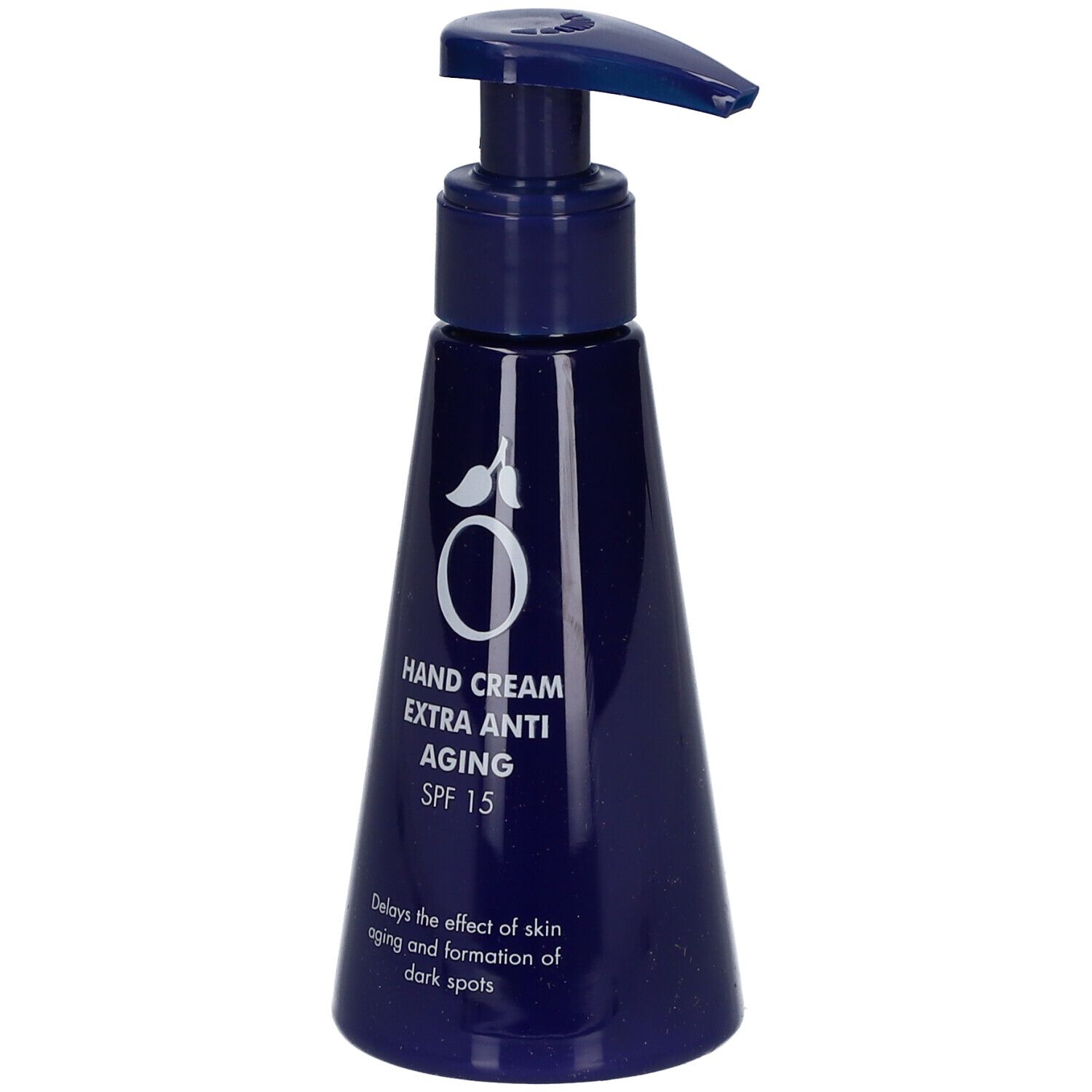 Donkerblauwe handcrèmefles met pomp. Opschrift: Hand Cream Extra Anti Aging SPF 15. Vertraagt huidveroudering.