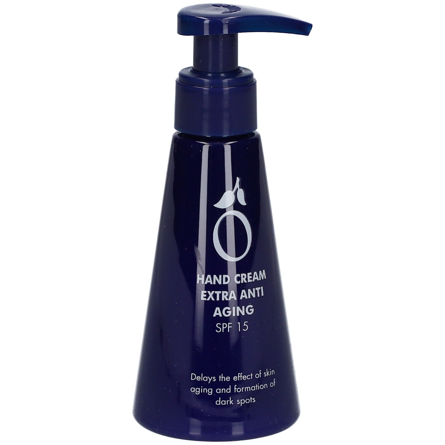 Donkerblauwe handcrèmefles met pomp. Opschrift: Hand Cream Extra Anti Aging SPF 15. Vertraagt huidveroudering.