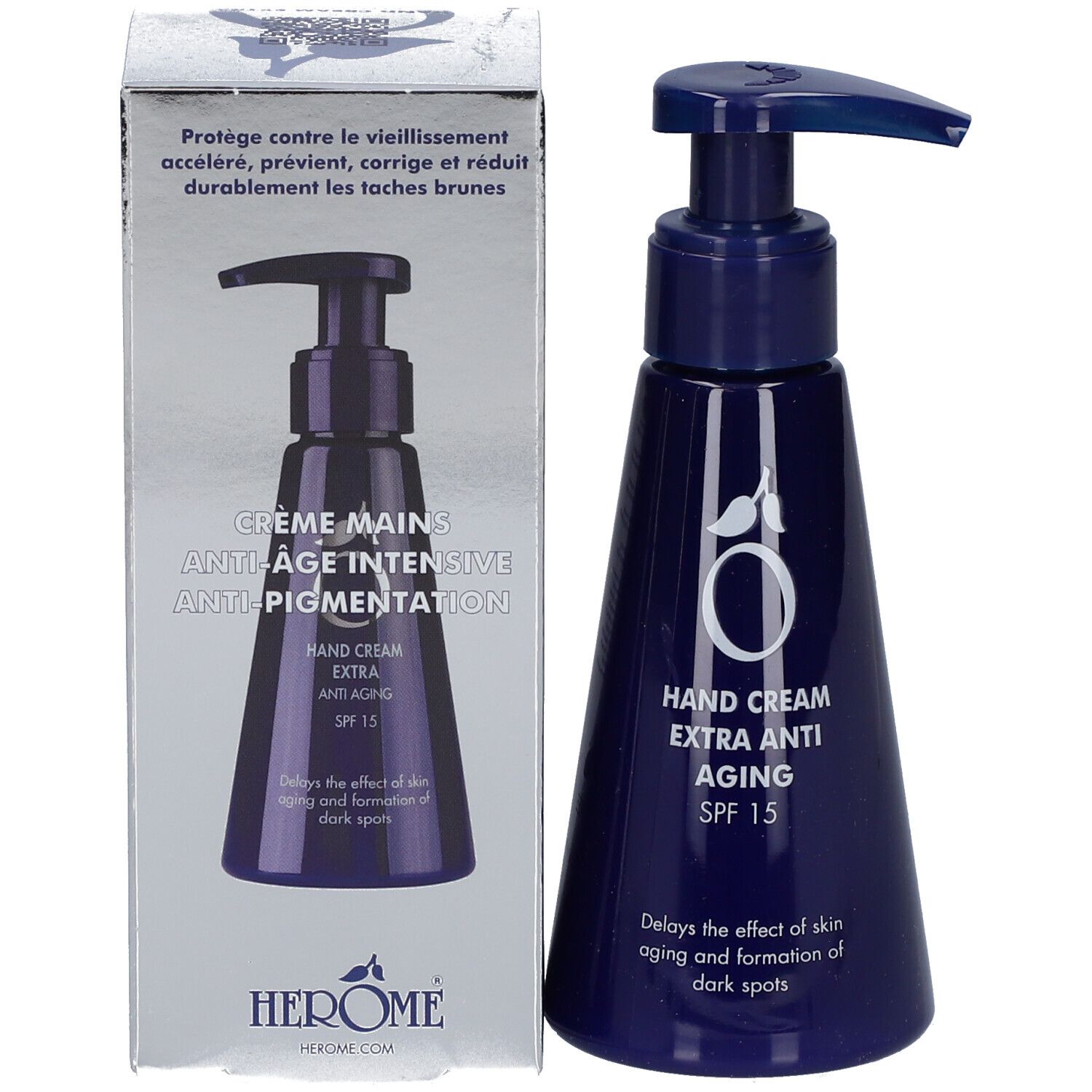 Handcrèmefles met pomp en verpakking. Opschrift: HEROME. Crème Mains Anti-Âge Intensive.
