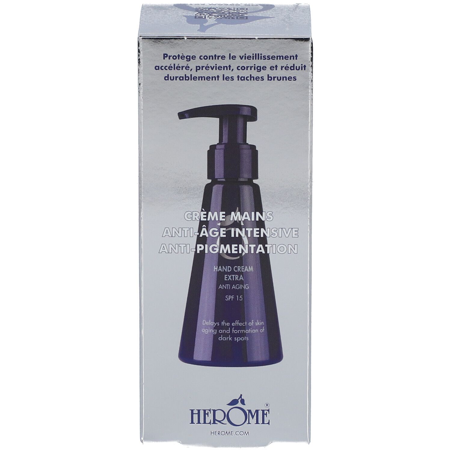 Verpakking met handcrèmefles. Opschrift: HEROME. Crème Mains Anti-Âge Intensive Anti-Pigmentation.