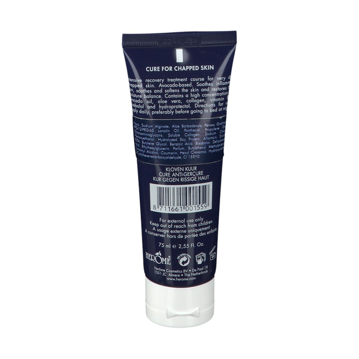 Rückseite der Tube. Text: Cure for Chapped Skin. Inhaltsstoffe, Anwendungshinweise, Warnhinweise, Herstellerinformationen.