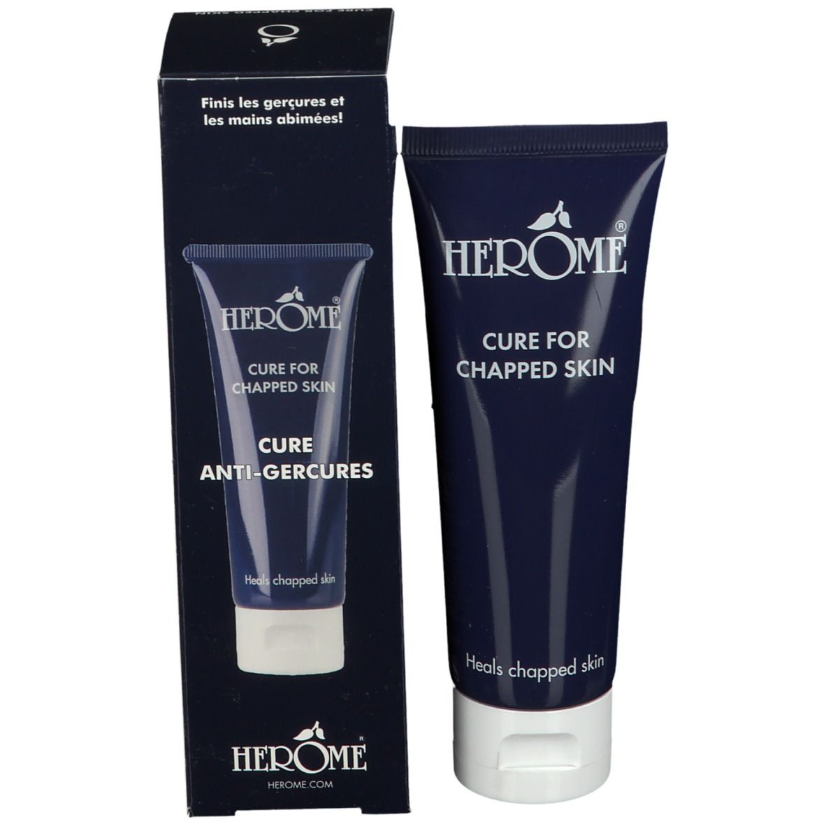 Produktverpackung: Tube und Schachtel. Aufschrift: HERÔME, Cure for Chapped Skin, Cure Anti-gercures.