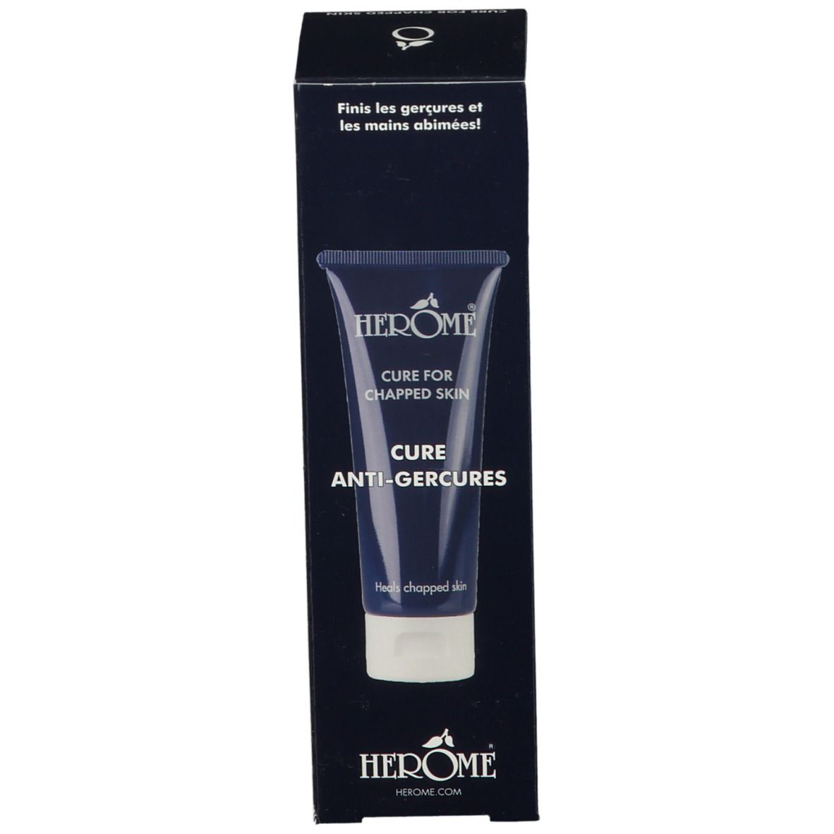 Schachtel mit Tube. Aufschrift: HERÔME, Cure for Chapped Skin, Cure Anti-gercures. Text: Heals chapped skin.