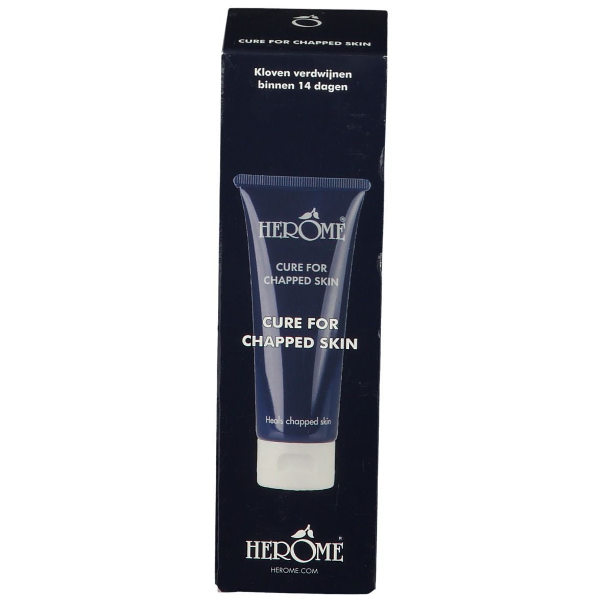 Schachtel mit Tube. Aufschrift: HERÔME, Cure for Chapped Skin. Text: Kloven verdwijnen binnen 14 dagen.
