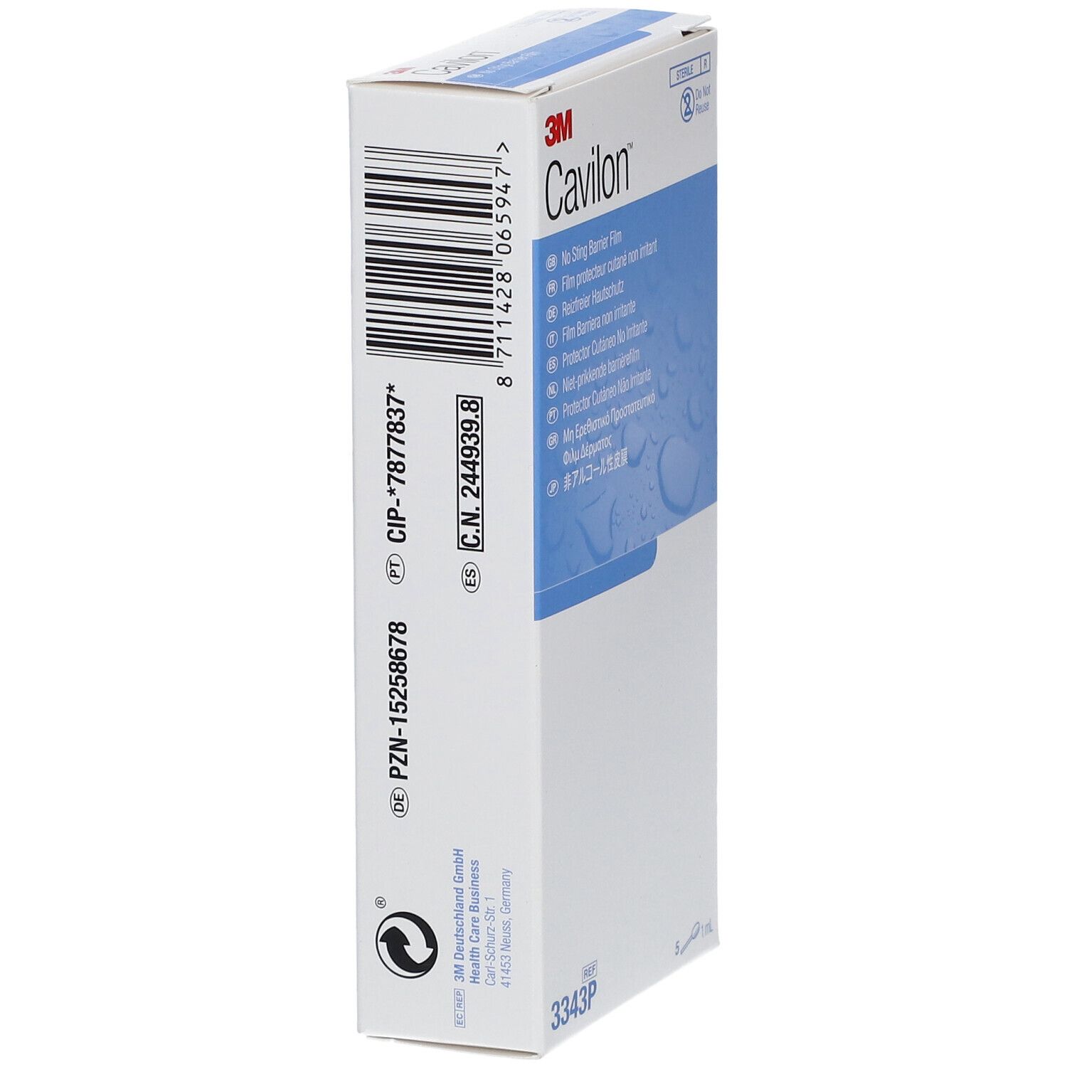 Emballage 3M Cavilon. Boîte blanche avec code-barres et informations produit. Vue latérale. Nom du produit visible.