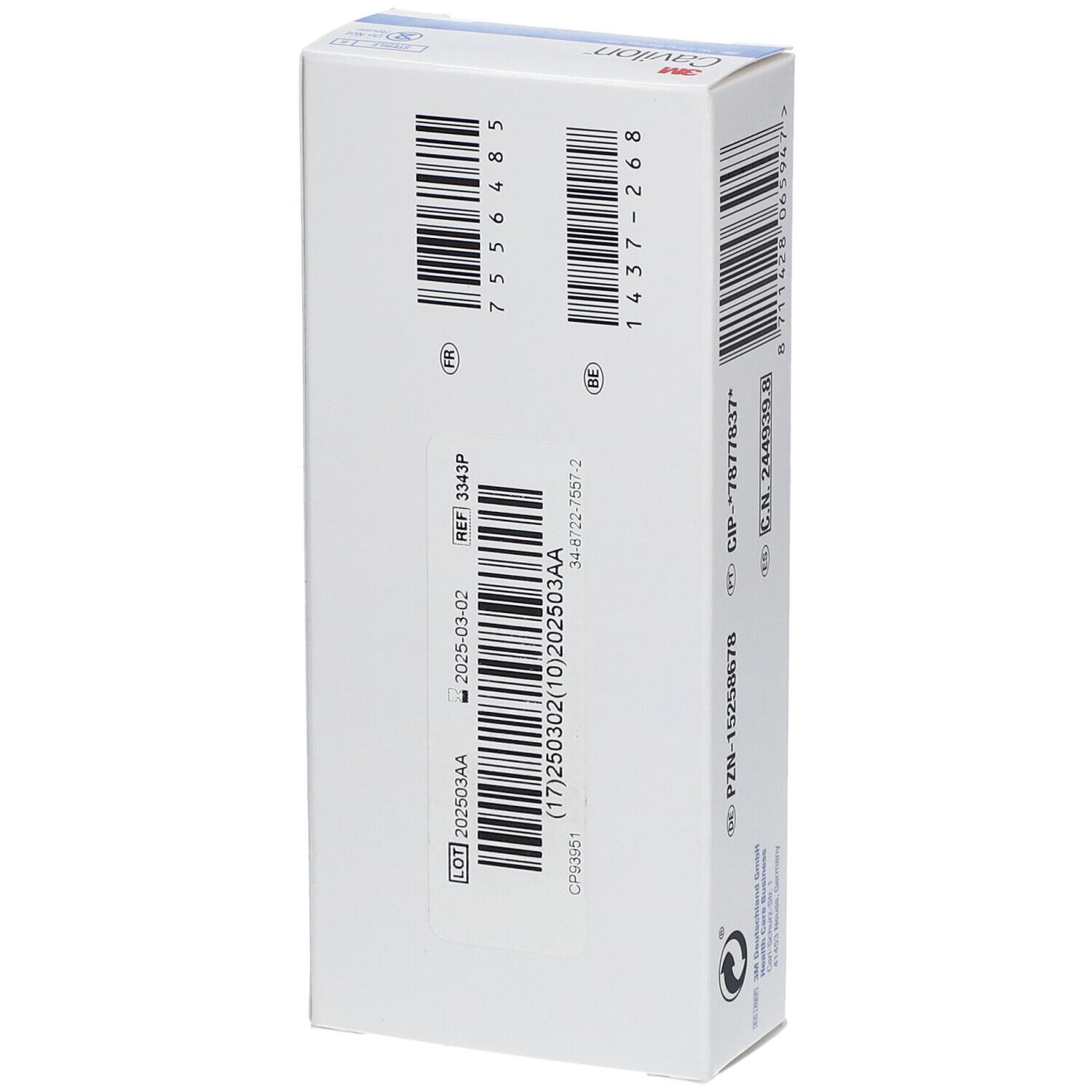 Emballage 3M Cavilon. Boîte blanche avec codes-barres et informations produit. Vue arrière. Numéro de lot et date de péremption.