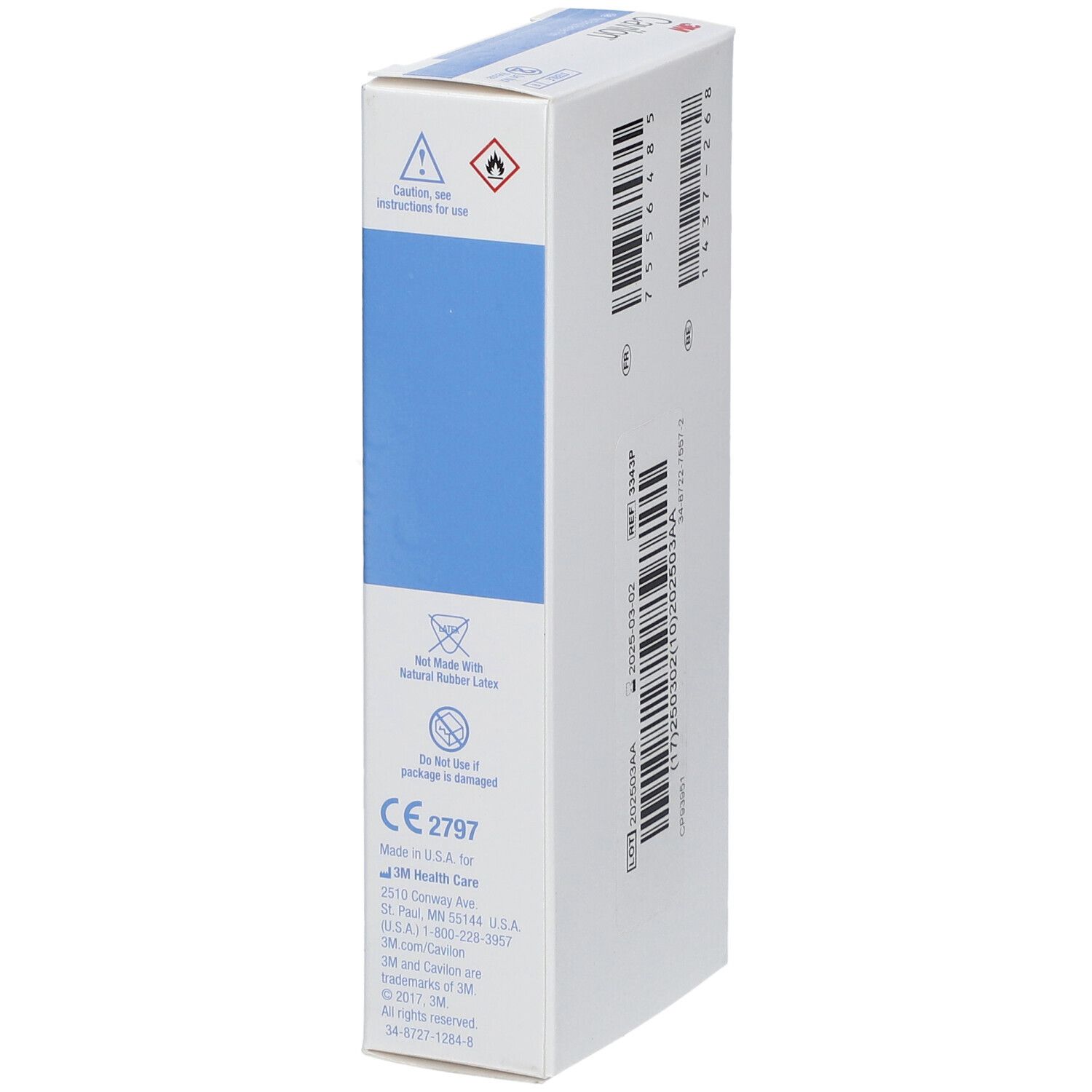 Emballage 3M Cavilon. Boîte blanche avec symboles d'avertissement et informations produit. Vue latérale. Marquage CE.