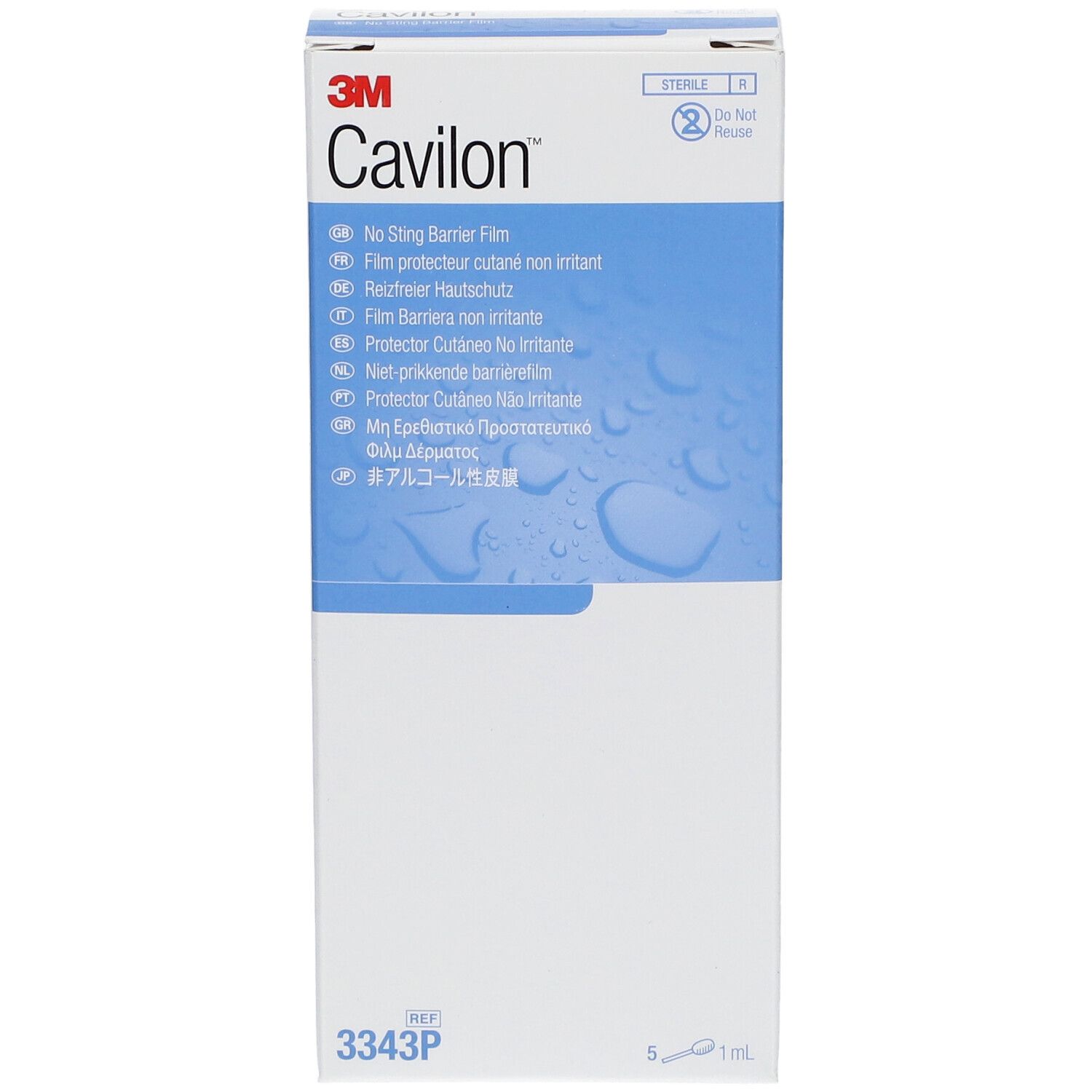 Emballage 3M Cavilon. Boîte blanche et bleue. Nom du produit et descriptions multilingues. Symbole stérile.