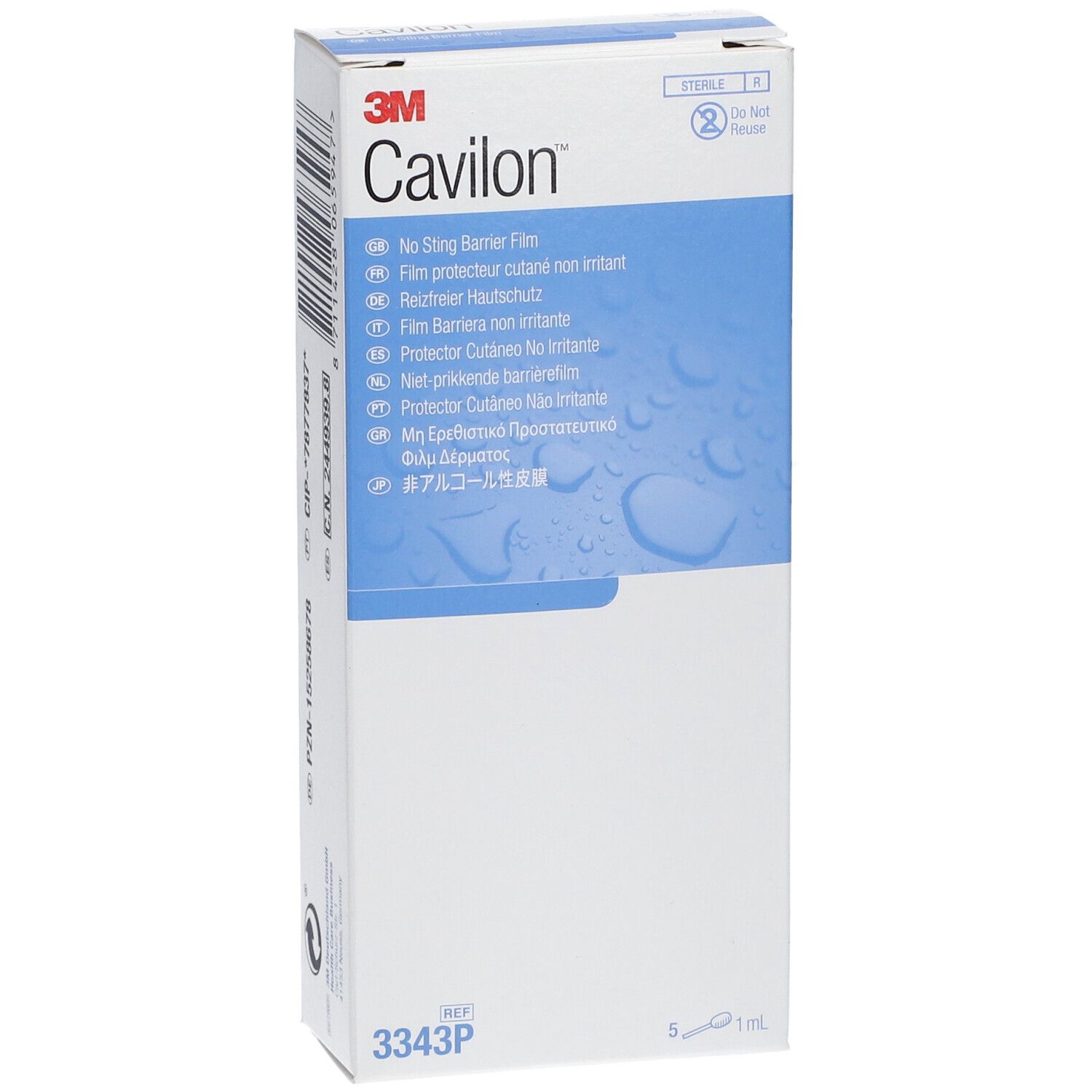 Emballage 3M Cavilon. Boîte blanche et bleue. Nom du produit et descriptions multilingues. Symbole stérile.