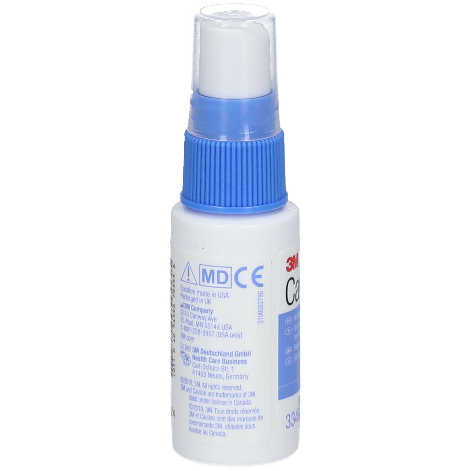 Witte fles met blauwe sproeikop. Opschrift Cavilon, 3M. Bevat 28 ml. Achterkant met informatie.