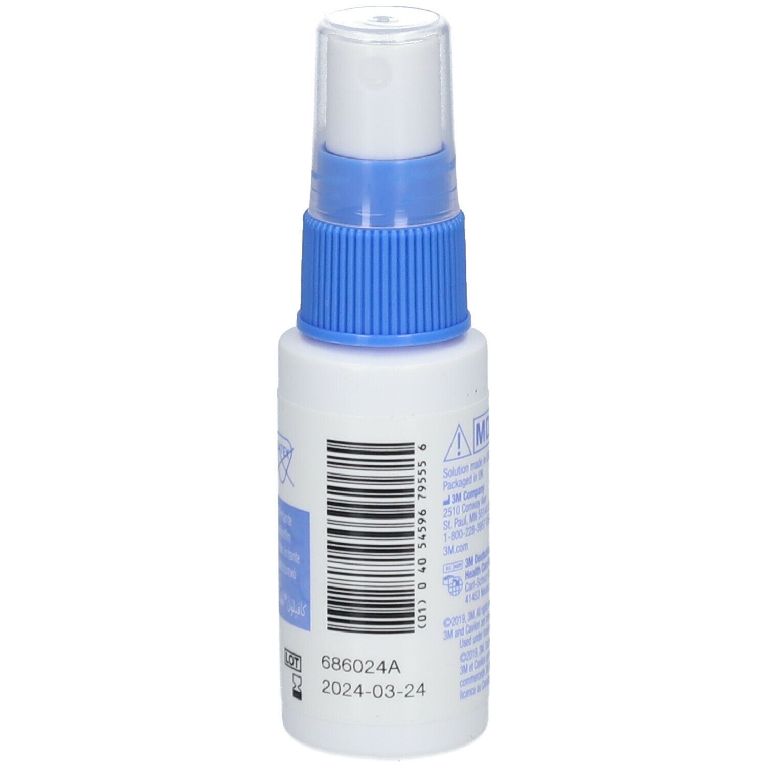 Witte fles met blauwe sproeikop. Opschrift Cavilon, 3M. Bevat 28 ml. Achterkant met barcode.