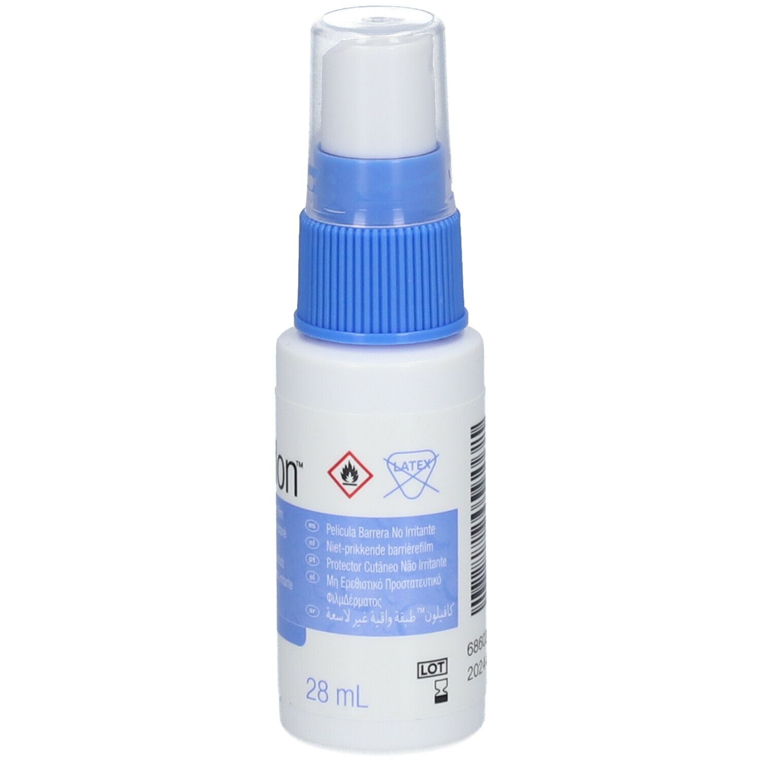 Witte fles met blauwe sproeikop. Opschrift Cavilon, 3M. Bevat 28 ml. Achterkant met tekst.