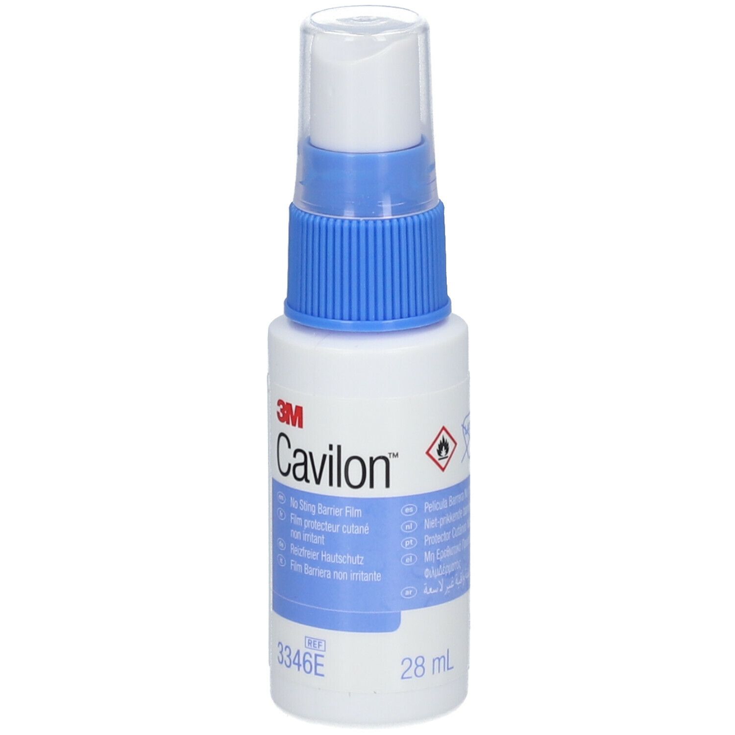 Witte fles met blauwe sproeikop. Opschrift Cavilon, 3M. Bevat 28 ml. Waarschuwing.