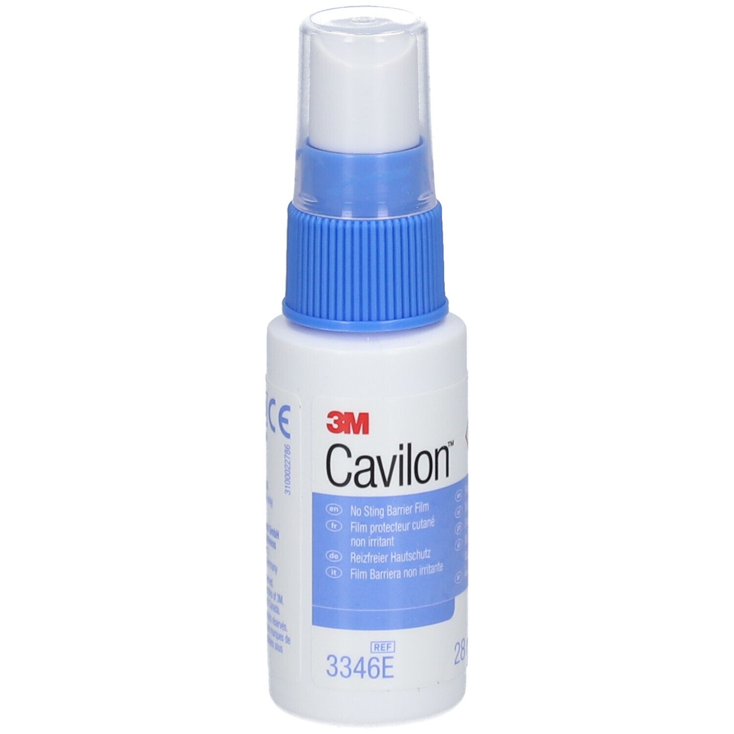 Witte fles met blauwe sproeikop. Opschrift Cavilon, 3M. Bevat 28 ml. Productlabel.