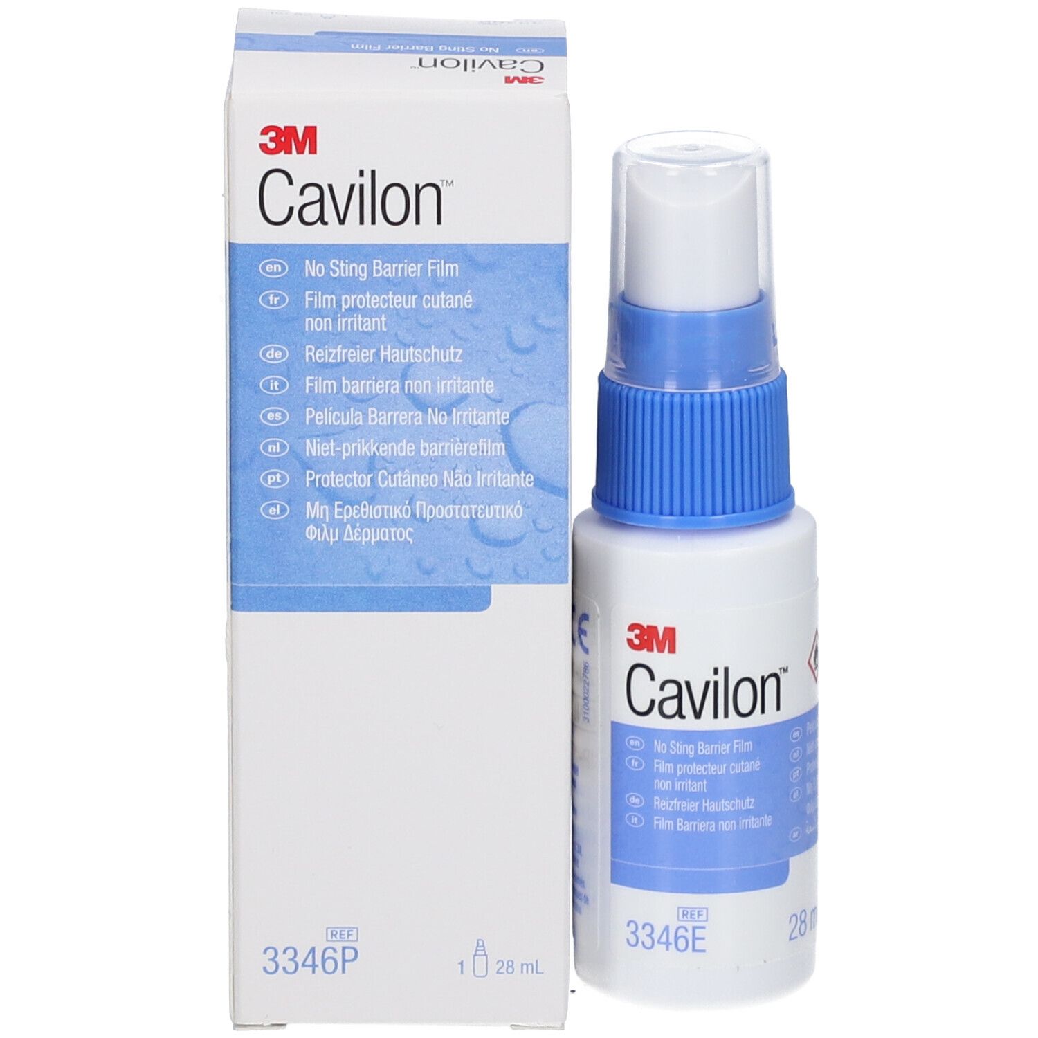 Product en verpakking. Witte fles met blauwe sproeikop. Opschrift Cavilon, 3M. Bevat 28 ml. Doos.