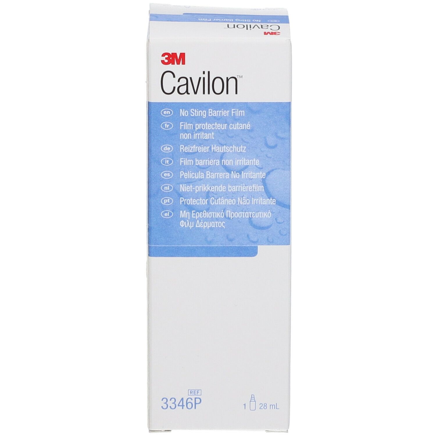 Kartonnen verpakking. Opschrift Cavilon, 3M. Bevat 28 ml. Productlabel. Met productafbeelding.
