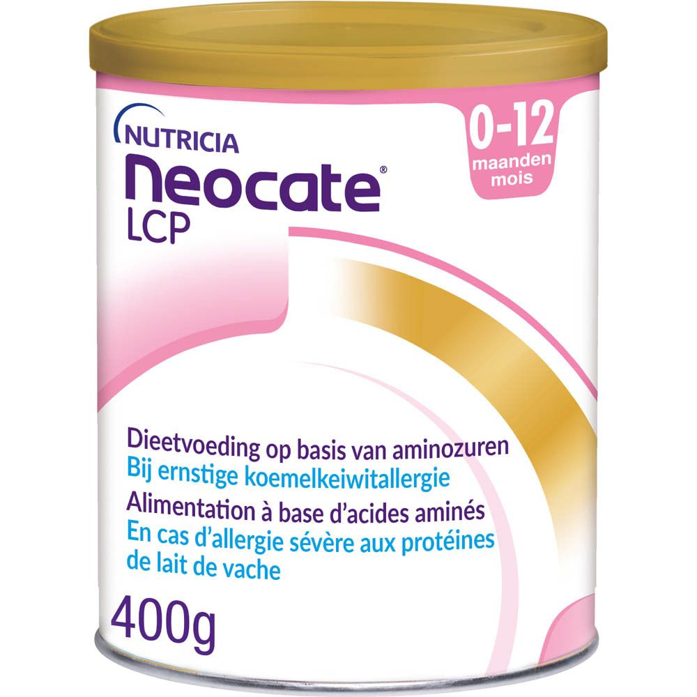 Blik Neocate LCP, 400g. Bevat informatie over ingrediënten en voedingswaarde. Voor baby's met koemelkeiwitallergie.