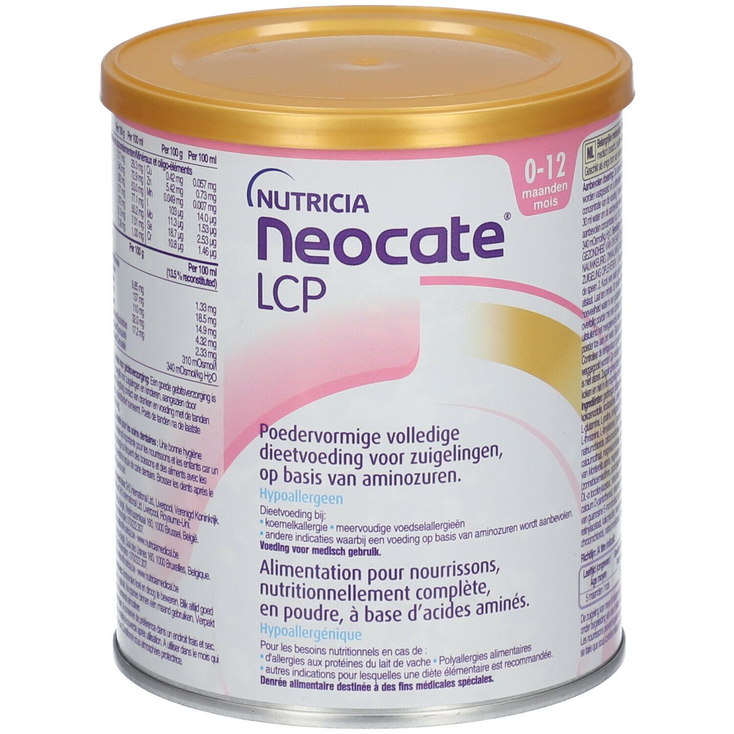 Blik Neocate LCP, 0-12 maanden. Roze-gouden design. Bevat informatie over ingrediënten en voedingswaarde.