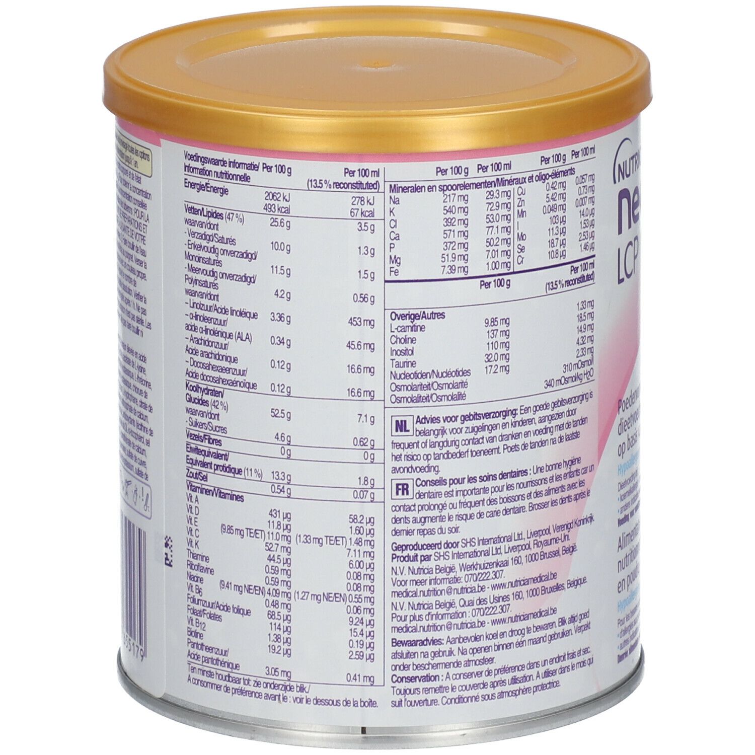 Achterkant van de Neocate LCP-verpakking. Bevat voedingsinformatie, ingrediëntenlijst en bereidingsinstructies.