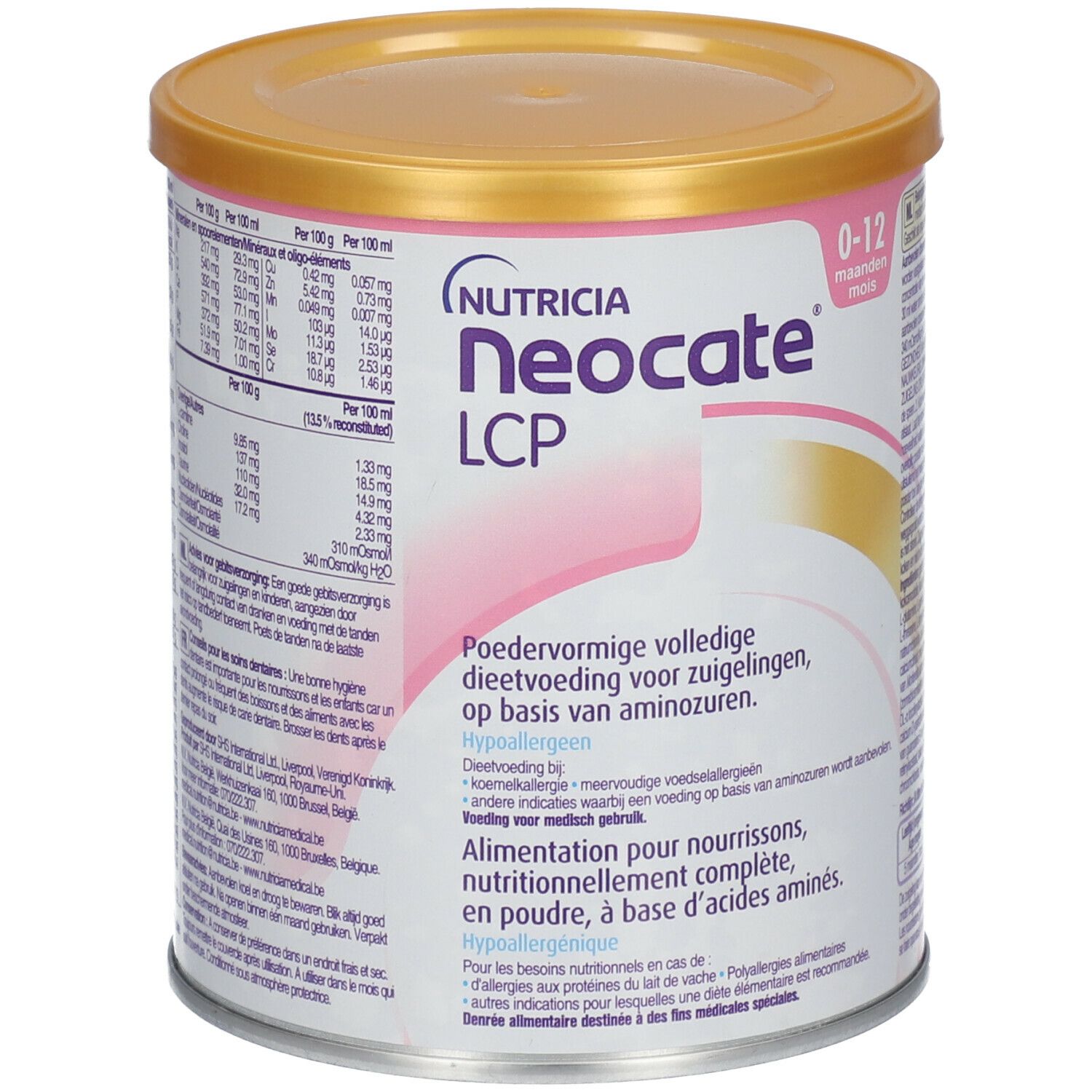 Blik Neocate LCP, 0-12 maanden. Roze-gouden design. Bevat informatie over ingrediënten en voedingswaarde.