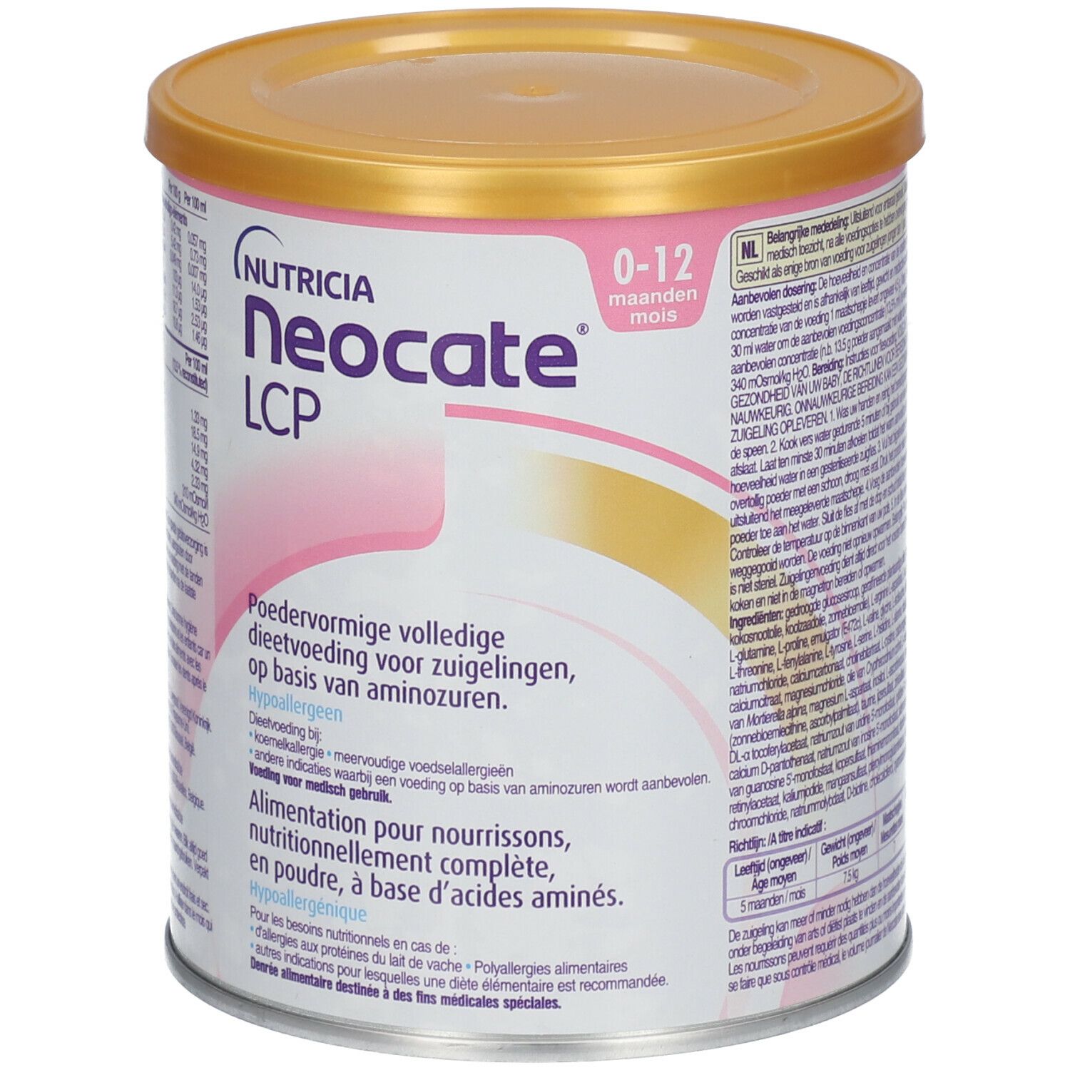 Blik Neocate LCP, 0-12 maanden. Roze-gouden design. Bevat informatie over ingrediënten en voedingswaarde.