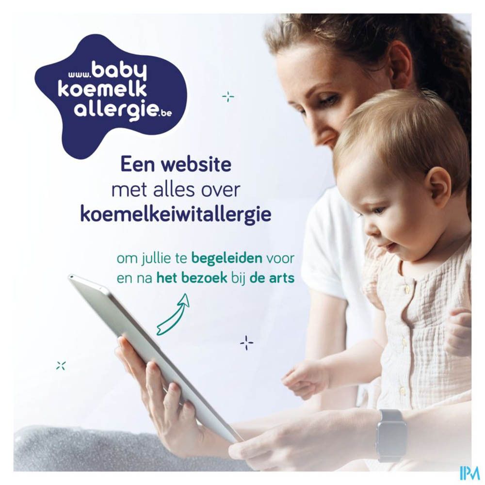 Website-reclame voor koemelkallergie. Vrouw en baby kijken naar tablet.