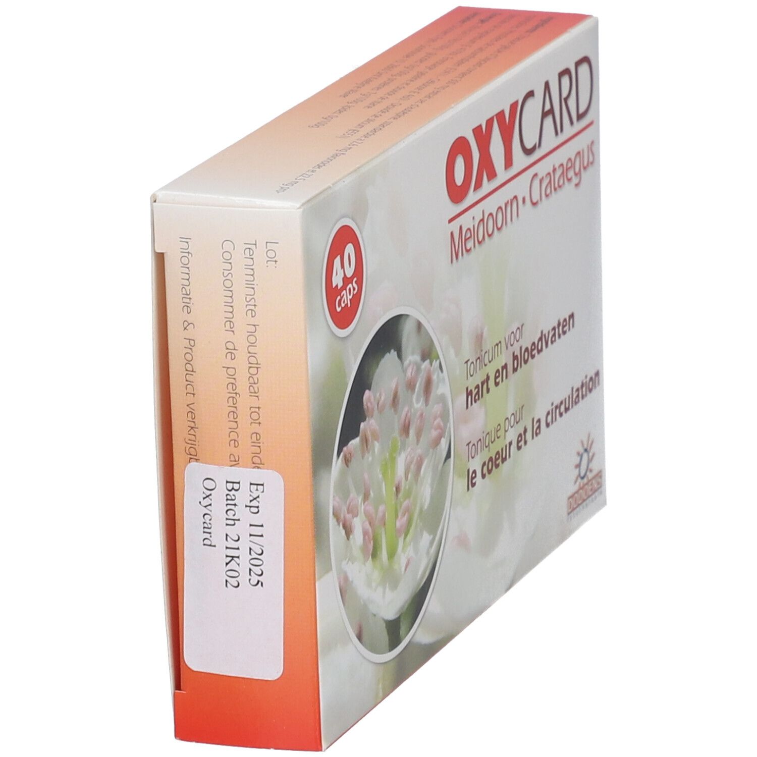 Oxycard-verpakking, schuin. Opschrift: Oxycard, Meidoorn Crataegus. 40 capsules. Etiket met vervaldatum.