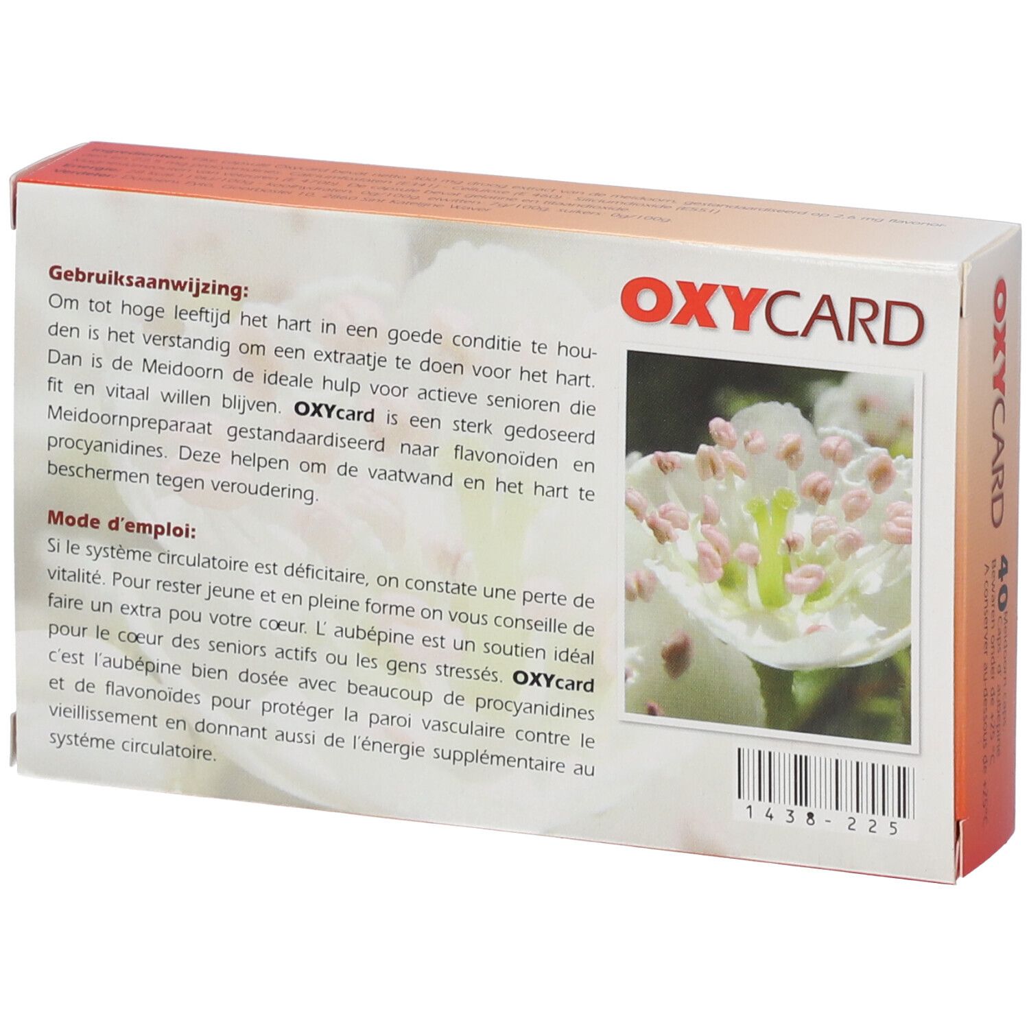 Achterkant van de Oxycard-verpakking. Tekst over gebruik en ingrediënten. Afbeelding van een bloem.