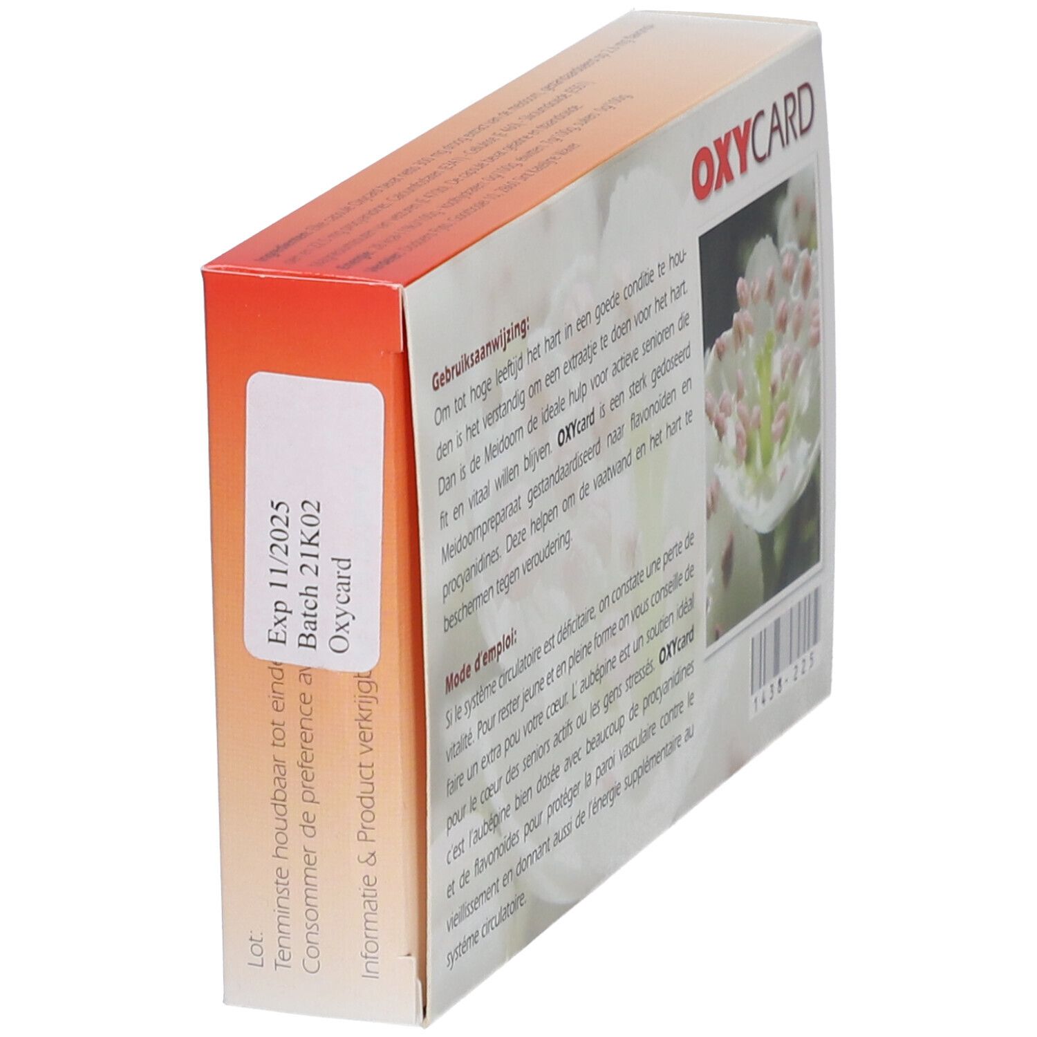 Schuine weergave van de Oxycard-verpakking. Tekst over gebruik en ingrediënten. Etiket met vervaldatum.