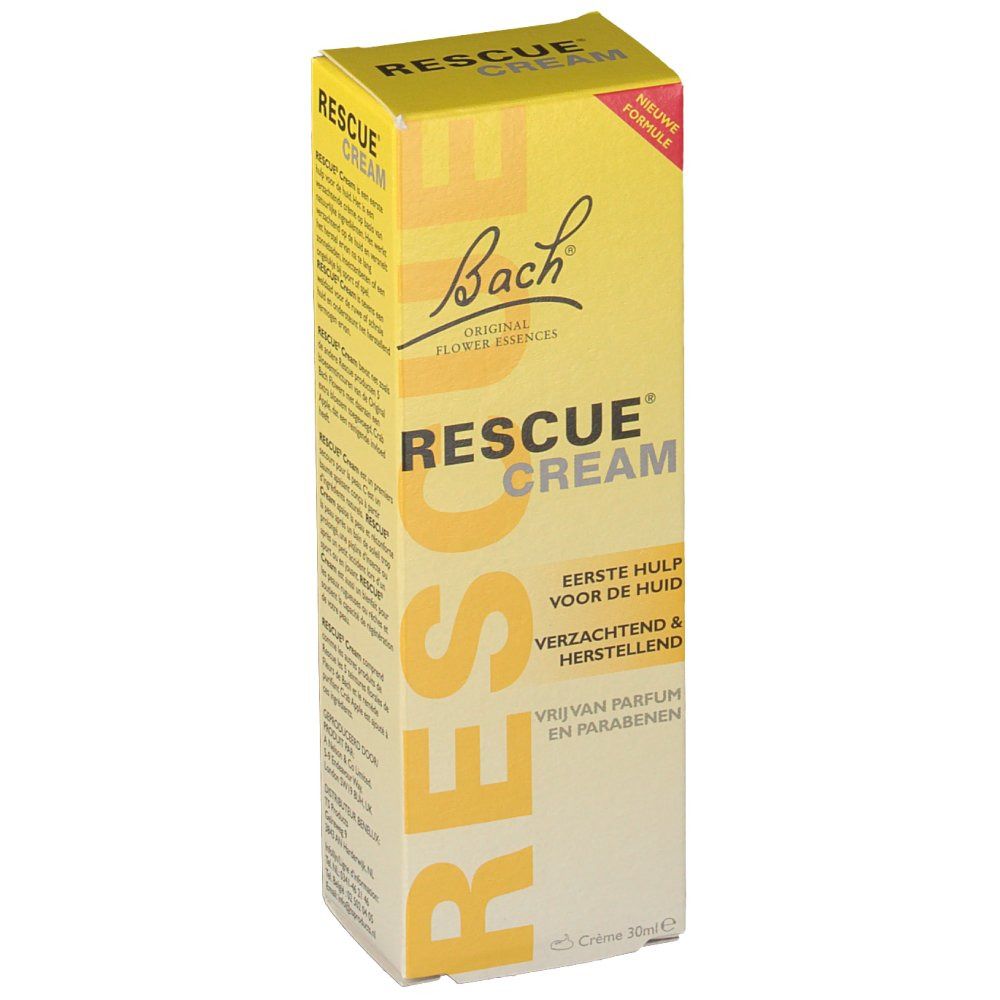 Gele doos met RESCUE CREAM en Bach-logo. Tekst in het Nederlands. Nieuwe formule.