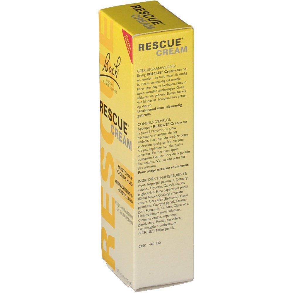 Gele doos met tekst in het Nederlands. Bevat informatie over RESCUE CREAM en ingrediënten.