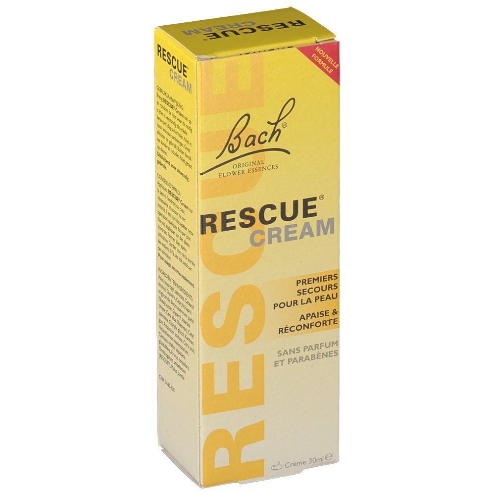 Gele doos met RESCUE CREAM en Bach-logo. Tekst in het Nederlands. Nieuwe formule.