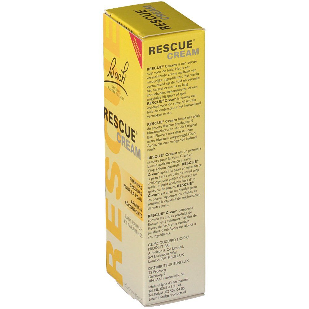 Gele doos met tekst in het Nederlands. Bevat informatie over RESCUE CREAM en ingrediënten.