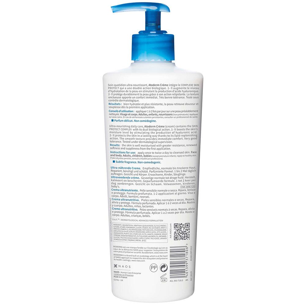 Dos d'un flacon blanc avec pompe bleue. Texte multilingue. Code QR et logos.