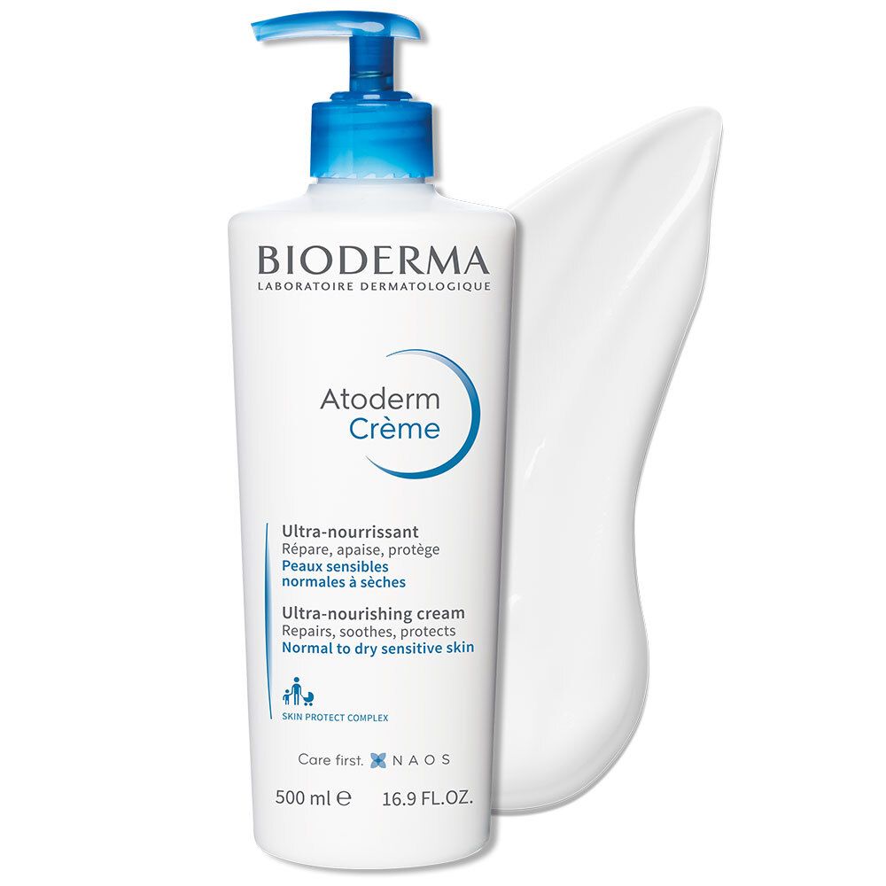Flacon blanc avec pompe bleue. Inscription: BIODERMA, Atoderm Crème. Texte: Ultra-nourrissant. Crème à côté.