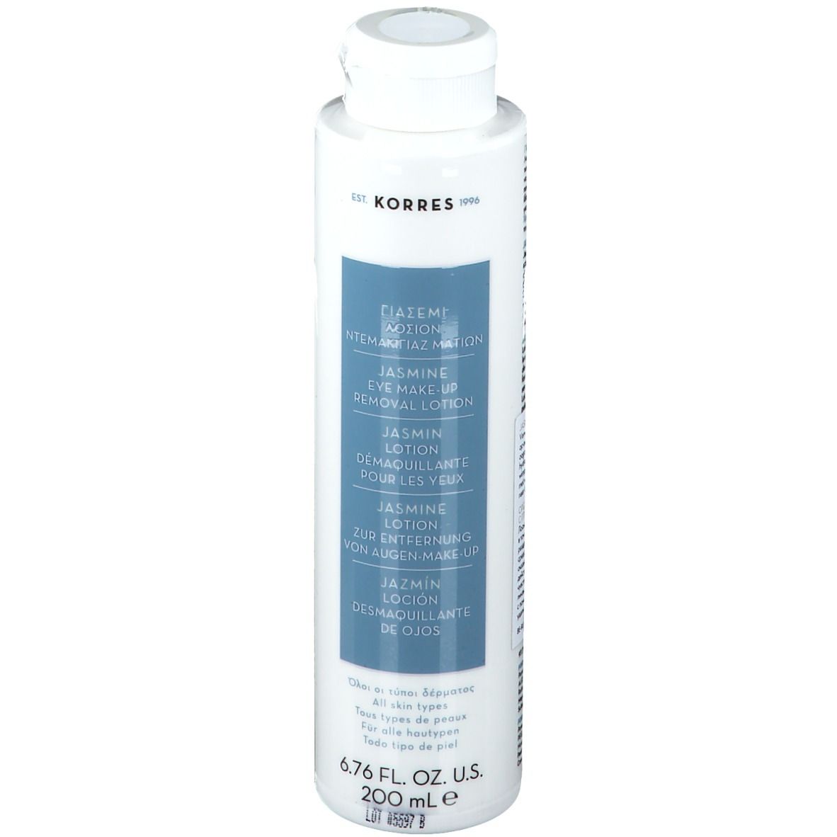 Flacon blanc avec étiquette bleue. Texte: KORRES, Jasmin Eye Make-up Removal Lotion. 6.76 fl. oz. U.S. 200 ml.