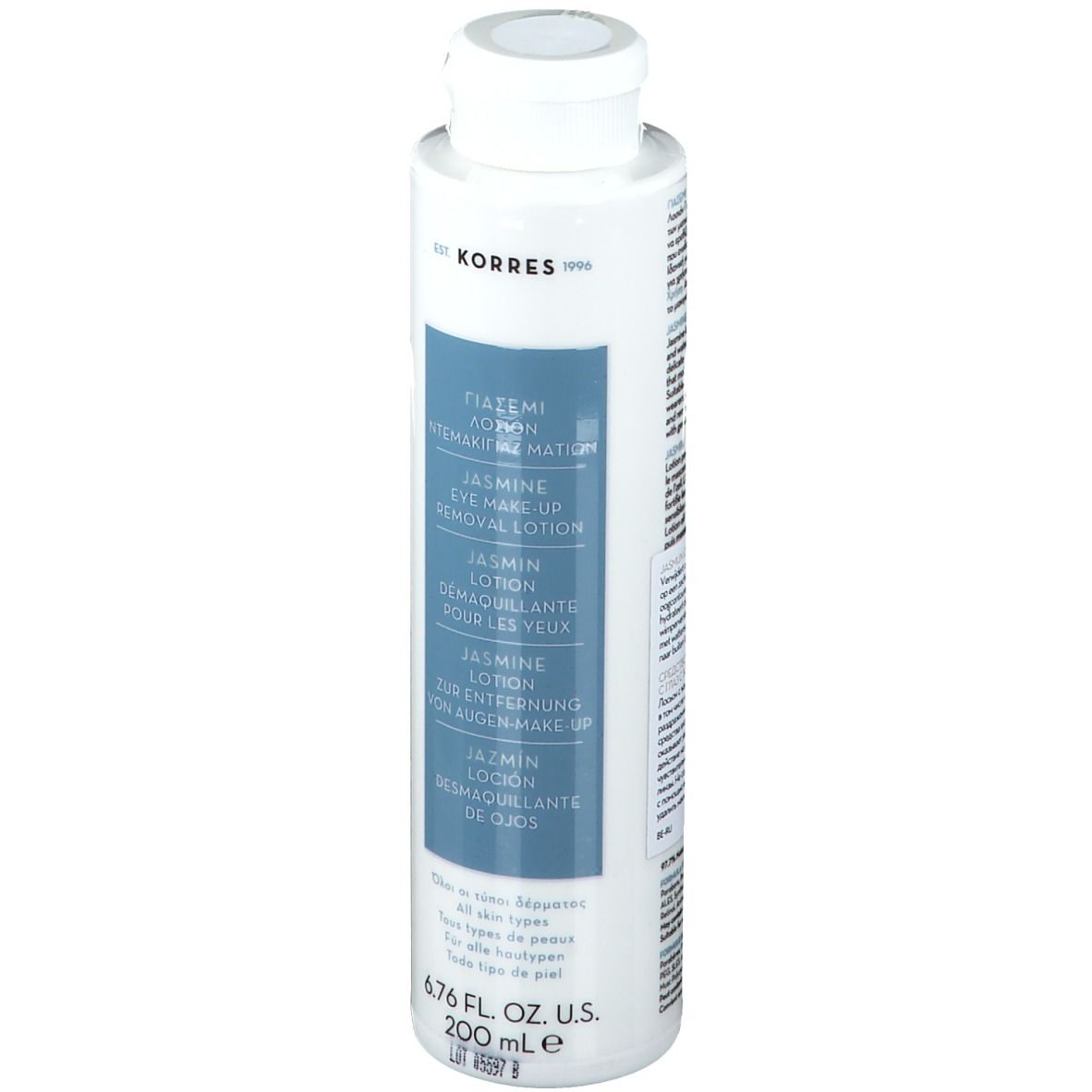 Flacon blanc avec étiquette bleue. Texte: KORRES, Jasmin Eye Make-up Removal Lotion. 6.76 fl. oz. U.S. 200 ml.