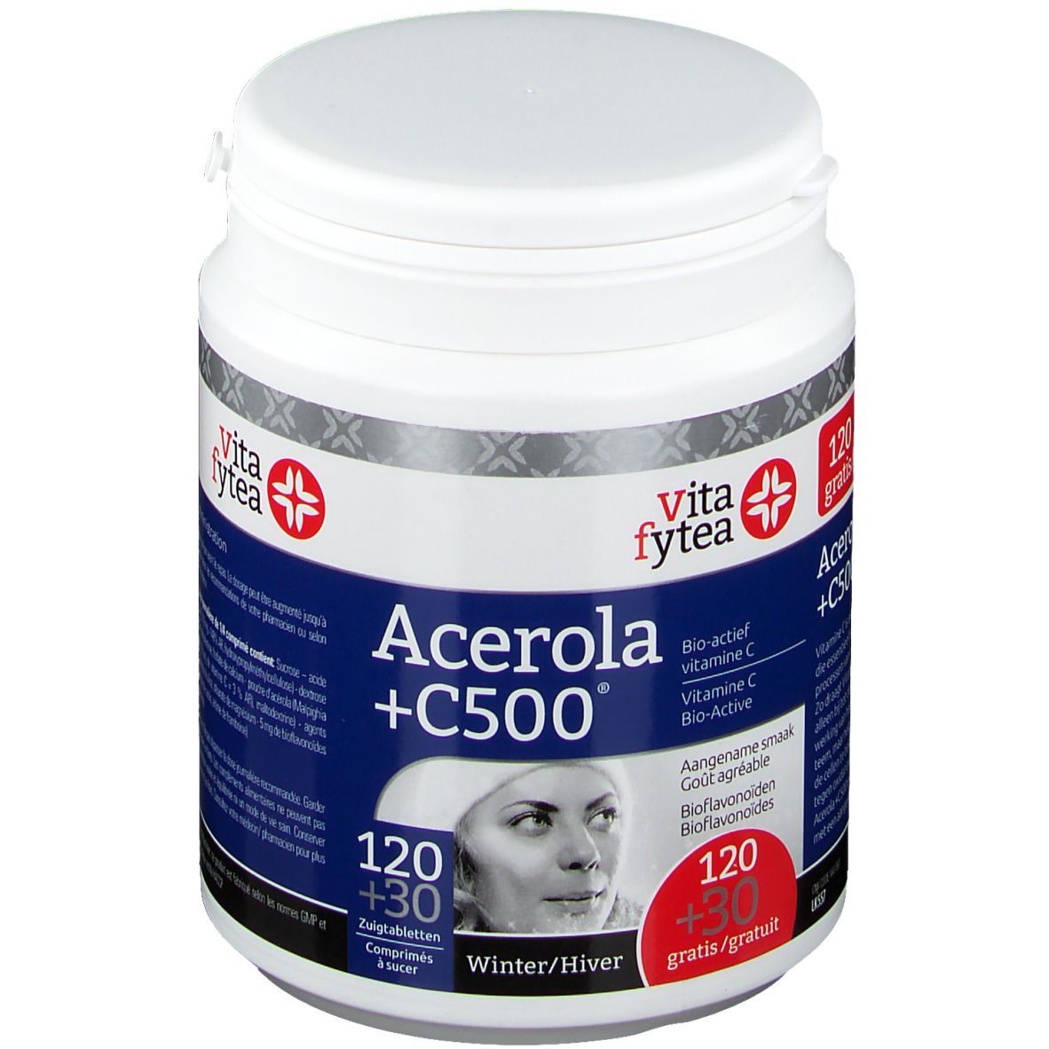 Witte pot met rood etiket. Opschrift: Acerola +C500, Vita fytea. Bevat 120+30 tabletten. Afbeelding van een vrouw.