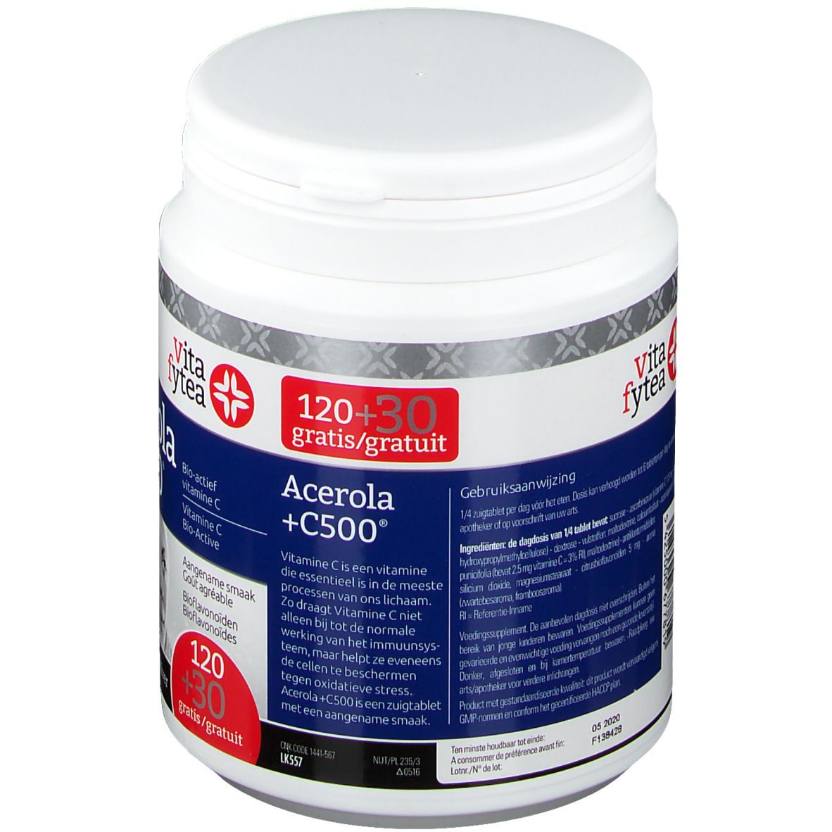 Witte pot met rood etiket. Opschrift: Acerola +C500, Vita fytea. Bevat 120+30 tabletten. Tekst in meerdere talen.