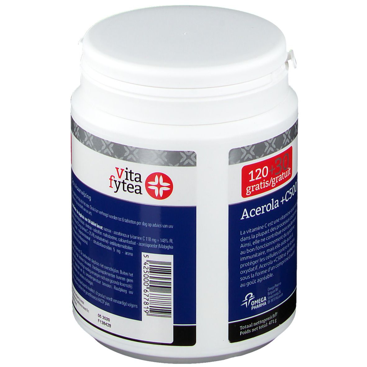 Witte pot met rood etiket. Opschrift: Acerola +C500, Vita fytea. Bevat 120+30 tabletten. Barcode en tekst.